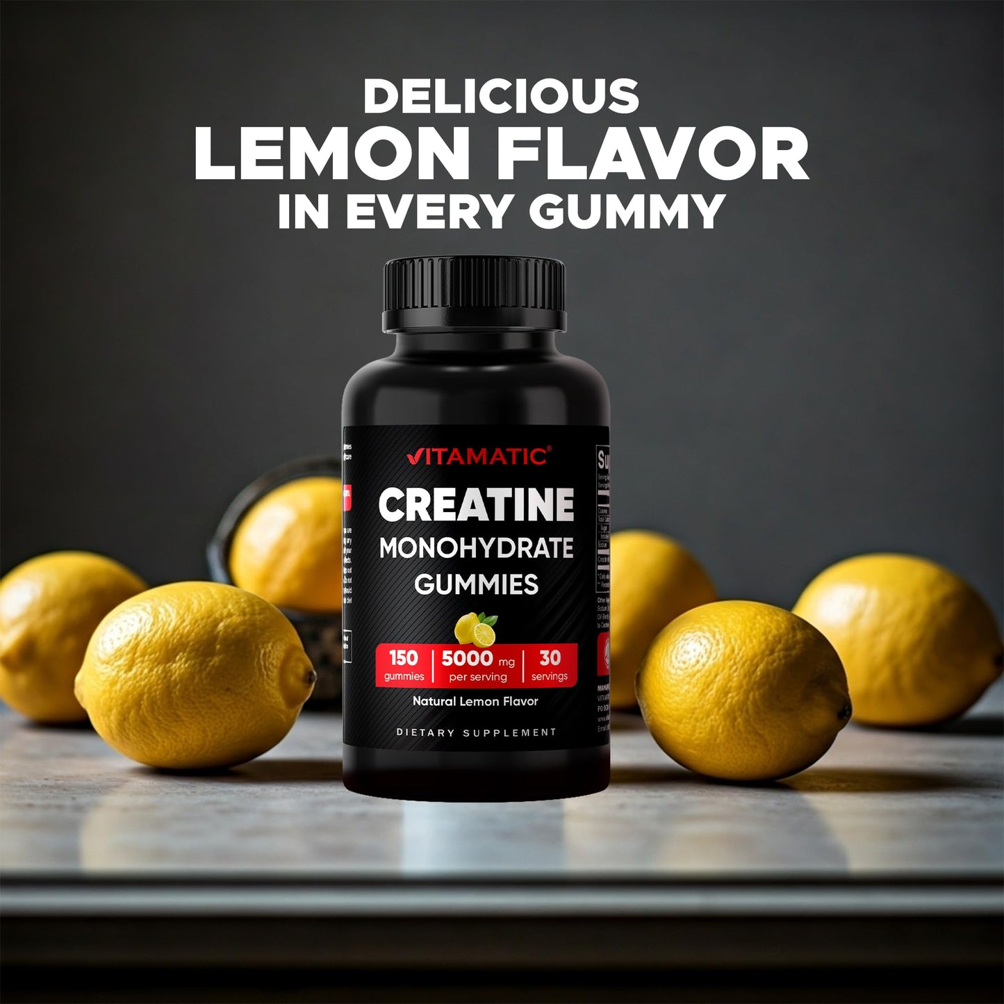 Vitamatic Creatine Gummies 5000mg per Serving Natural Lemon Flavor, 150 Gummies