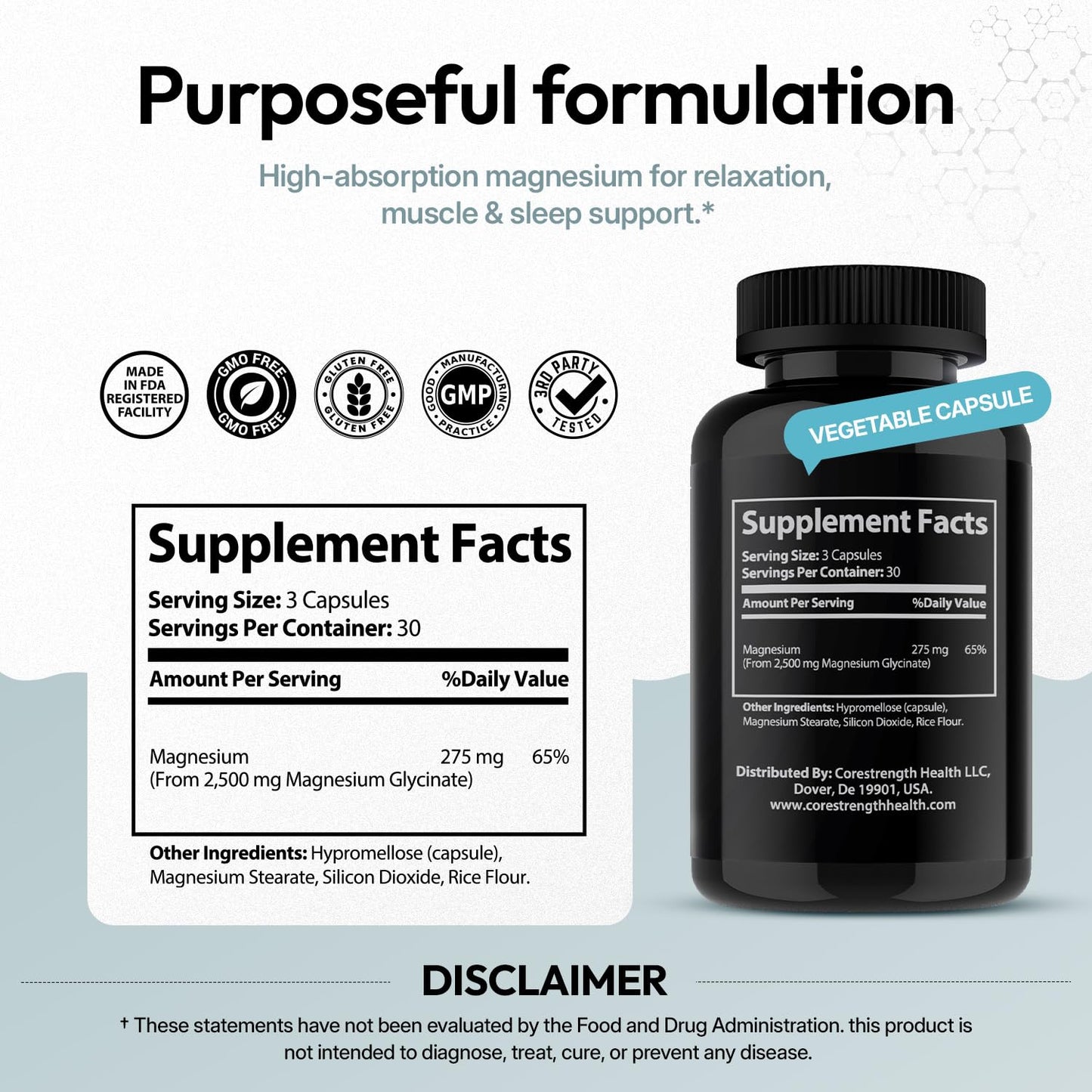 CoreStrength Health LLC Chelated Magnesium Glycinate 275 mg Capsules, 90 Count