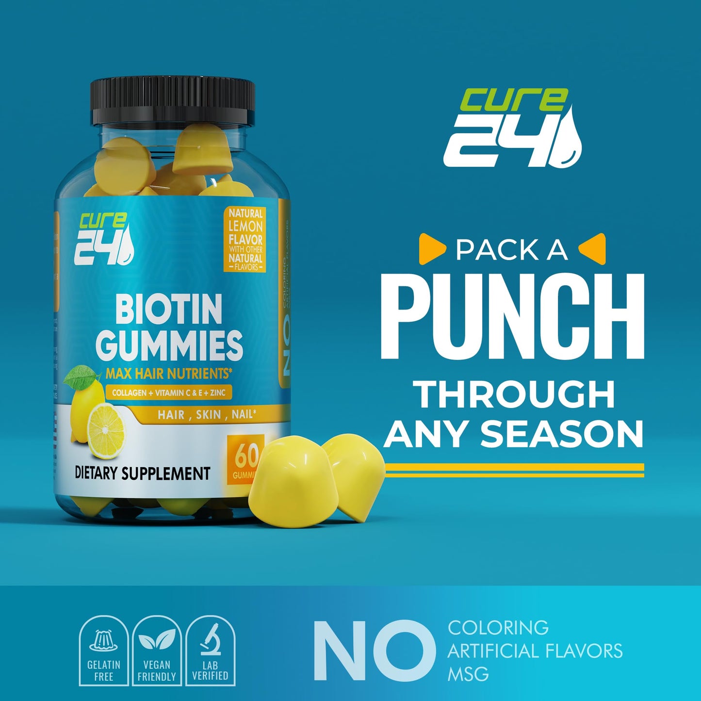 Cure24 Biotin Gummies with Vitamin C, E, Collagen, and Zinc, 60 Count