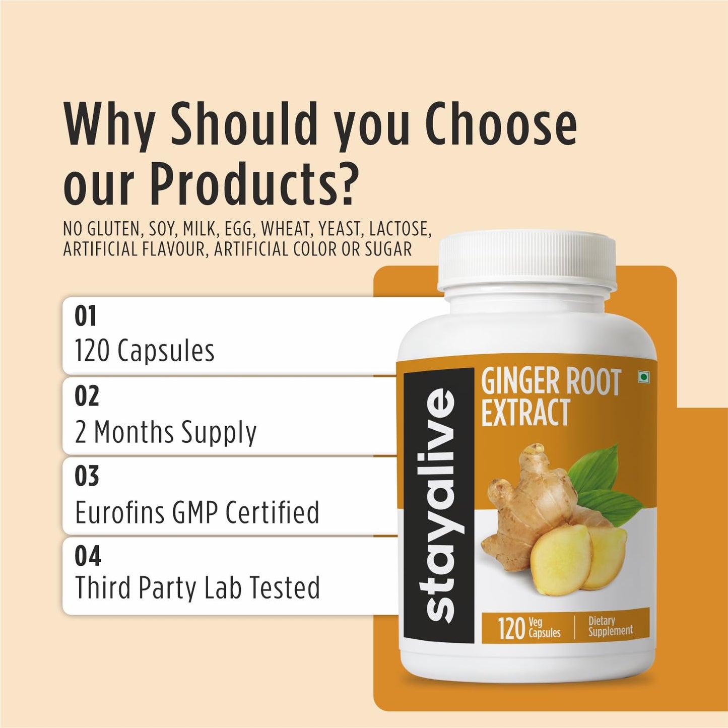 STAY ALIVE Ginger Root Capsules 1000mg 10:1 Extract Powder with 5% Gingerols, 120 Capsules