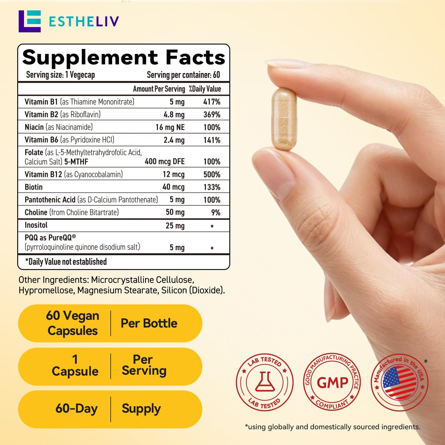 ESTHELIV Super B Complex with PQQ Capsule, 60 Capsules