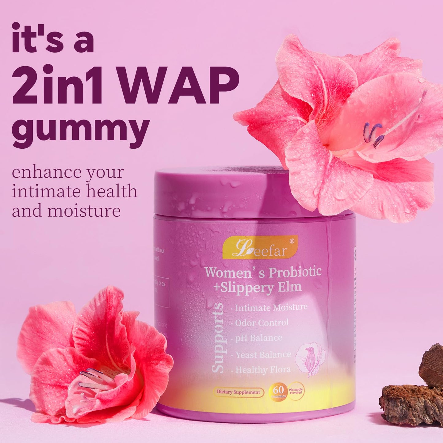 Leefar Women’s Probiotic + Slippery Elm Vaginal Probiotics + Prebiotic Fiber, 5 Billion CFU, Pineapple Flavor, 60 Gummies