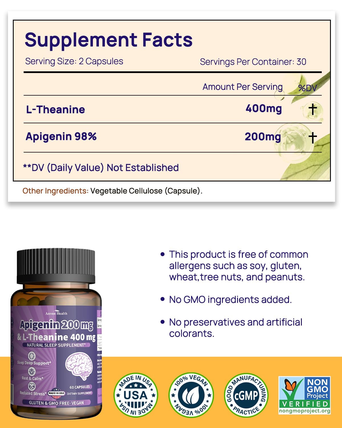 Anven Health Apigenin 200mg with L-Theanine 400mg + Spermidine 20mg & Fisetin 300mg Capsules, 61 Capsules