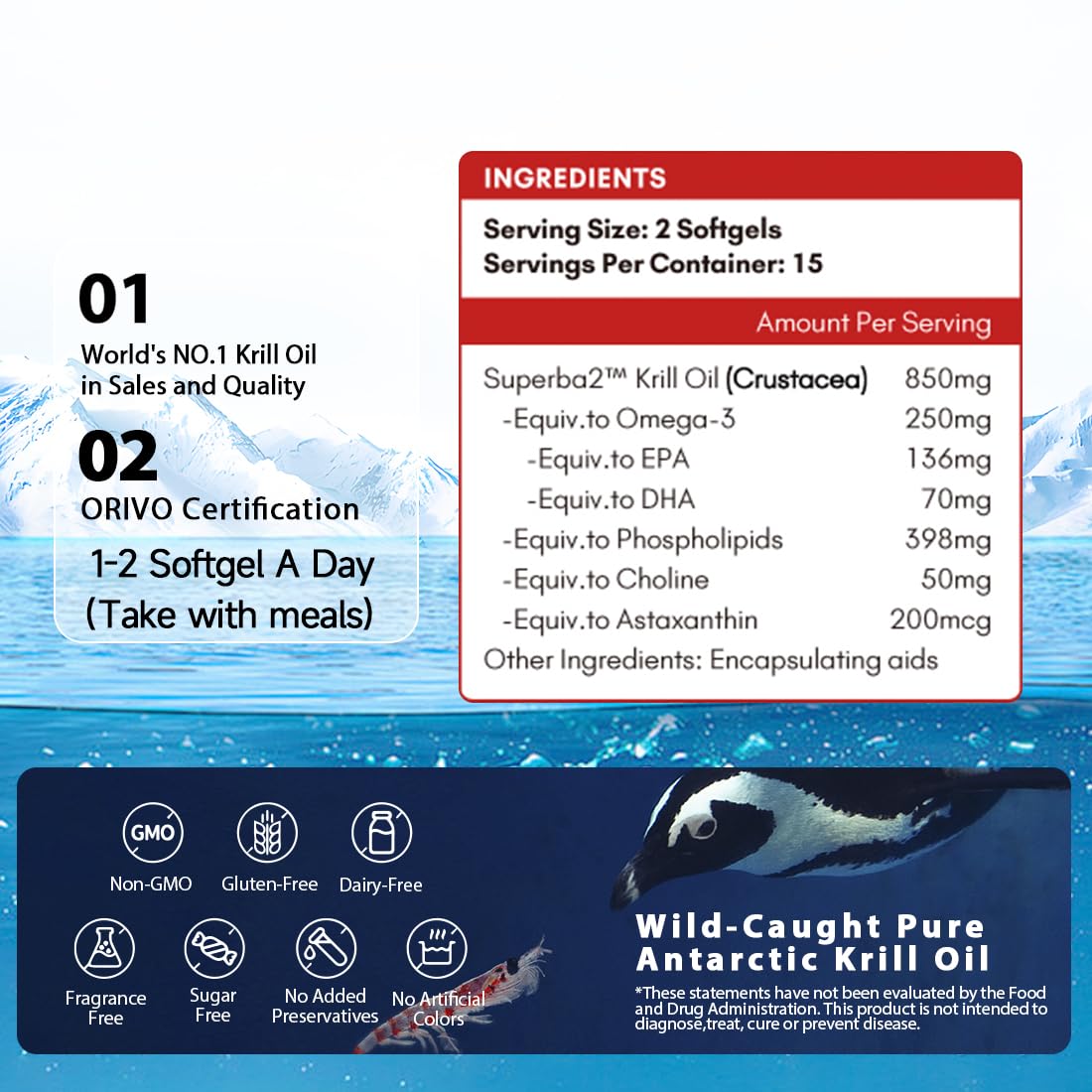 NYO3 Antarctic Krill Oil 850mg Omega-3 Supplement with Choline & Astaxanthin Softgels, 30 Count