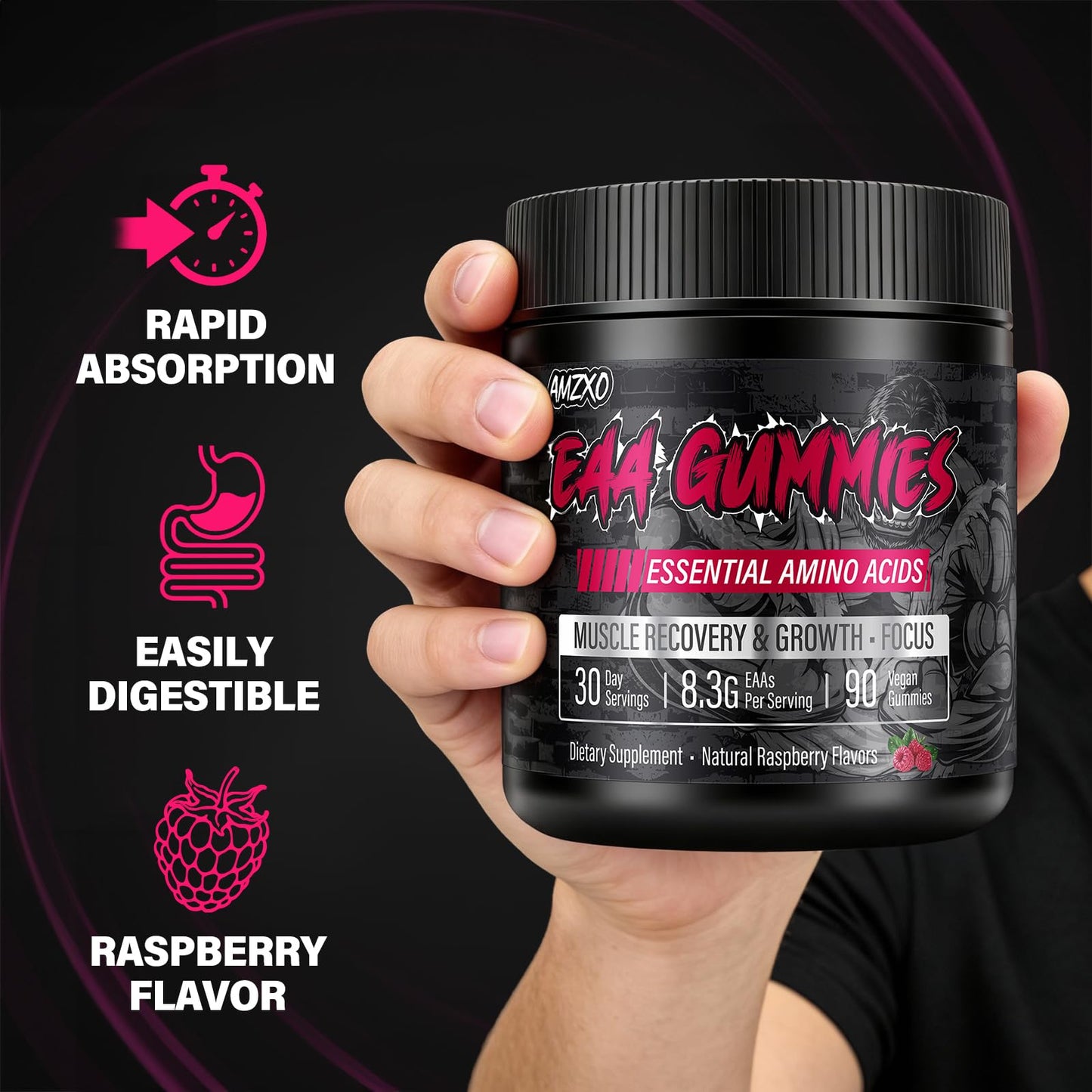 AMZXO EAA Gummies 2:1:1 BCAA Formula (8300mg) Raspberry Flavor Gummy, 90 Count