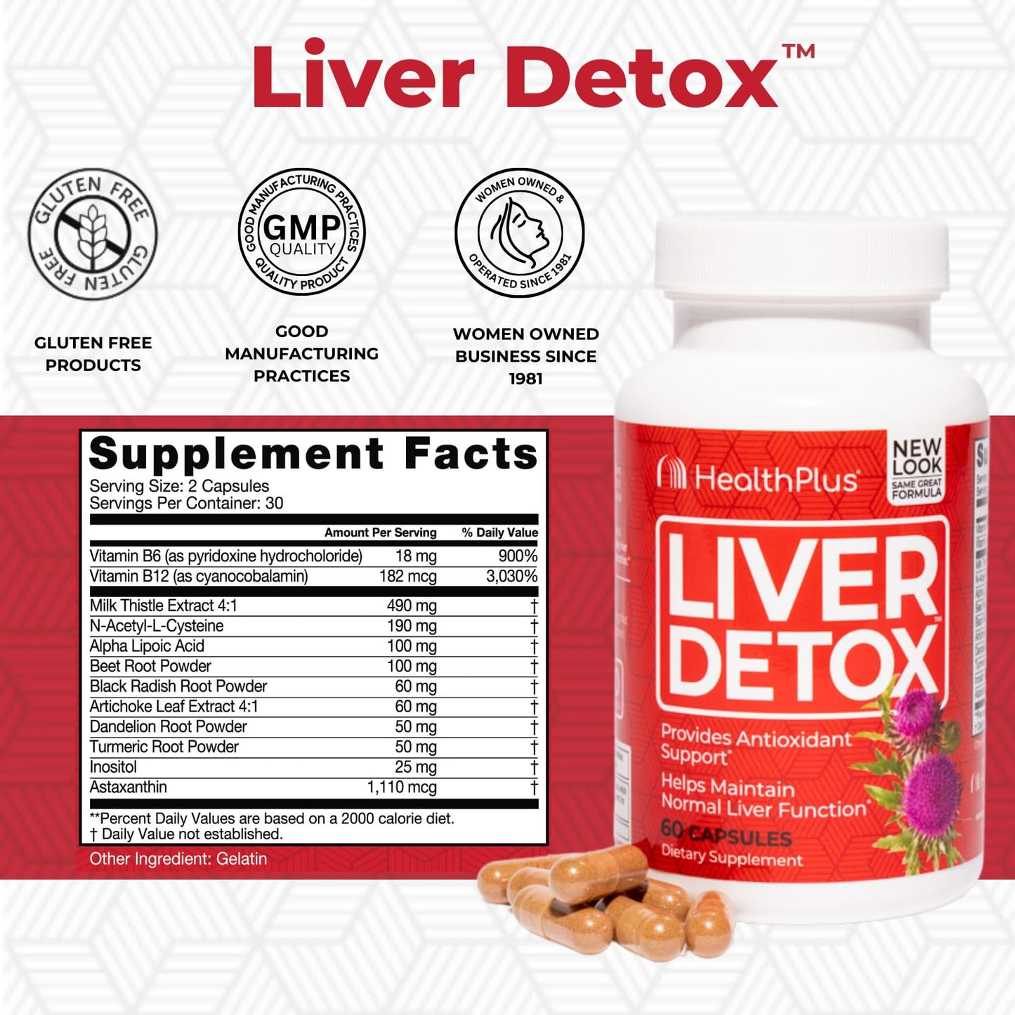 Health Plus Liver Detox Natural Herbal Liver Support & Detox Supplement with Milk Thistle, Dandelion and Turmeric Root, 60 Capsules