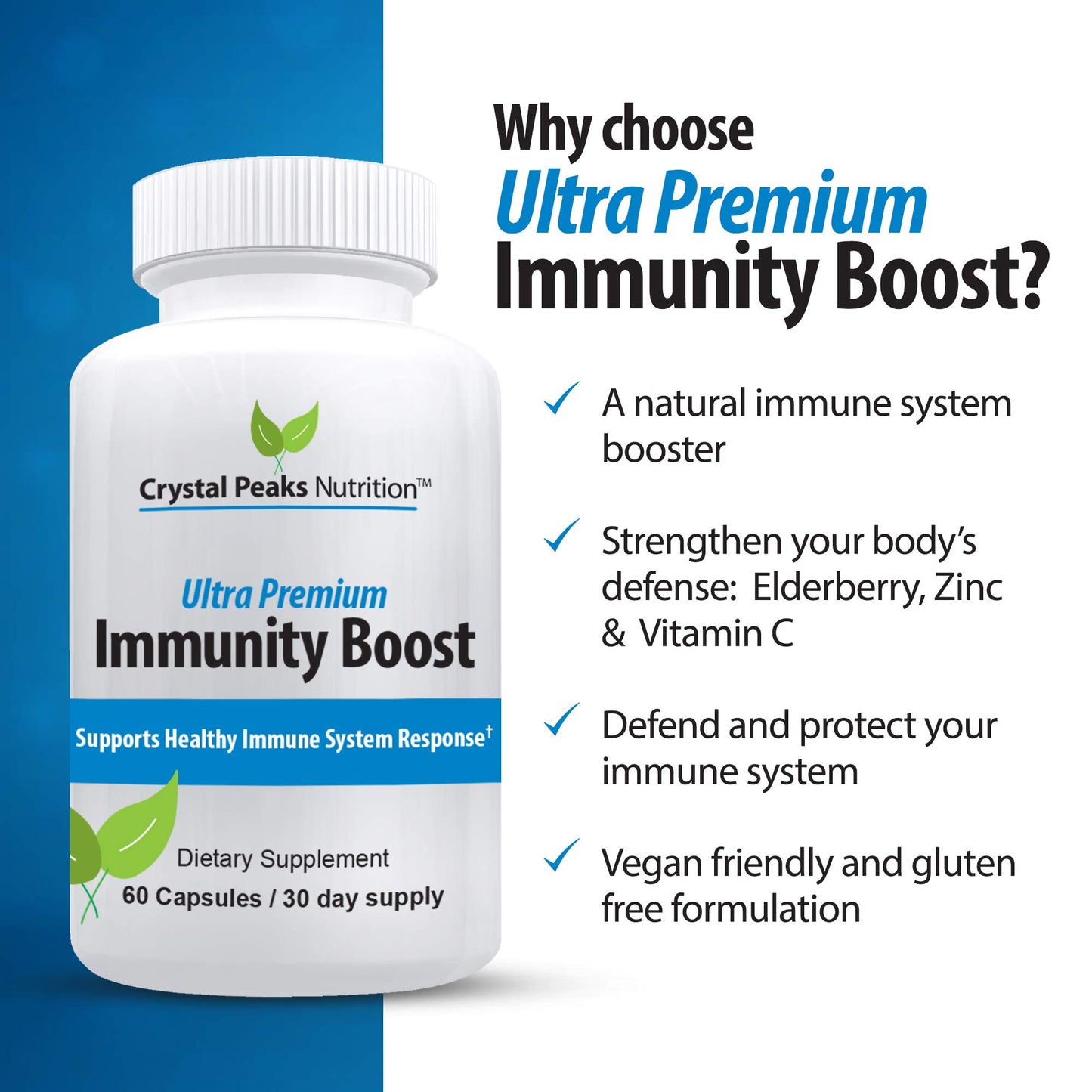 Crystal Peaks Nutrition Immune Support Capsules with Elderberry, Vitamin C, Echinacea, Garlic, Zinc, Turmeric - 60 Capsules