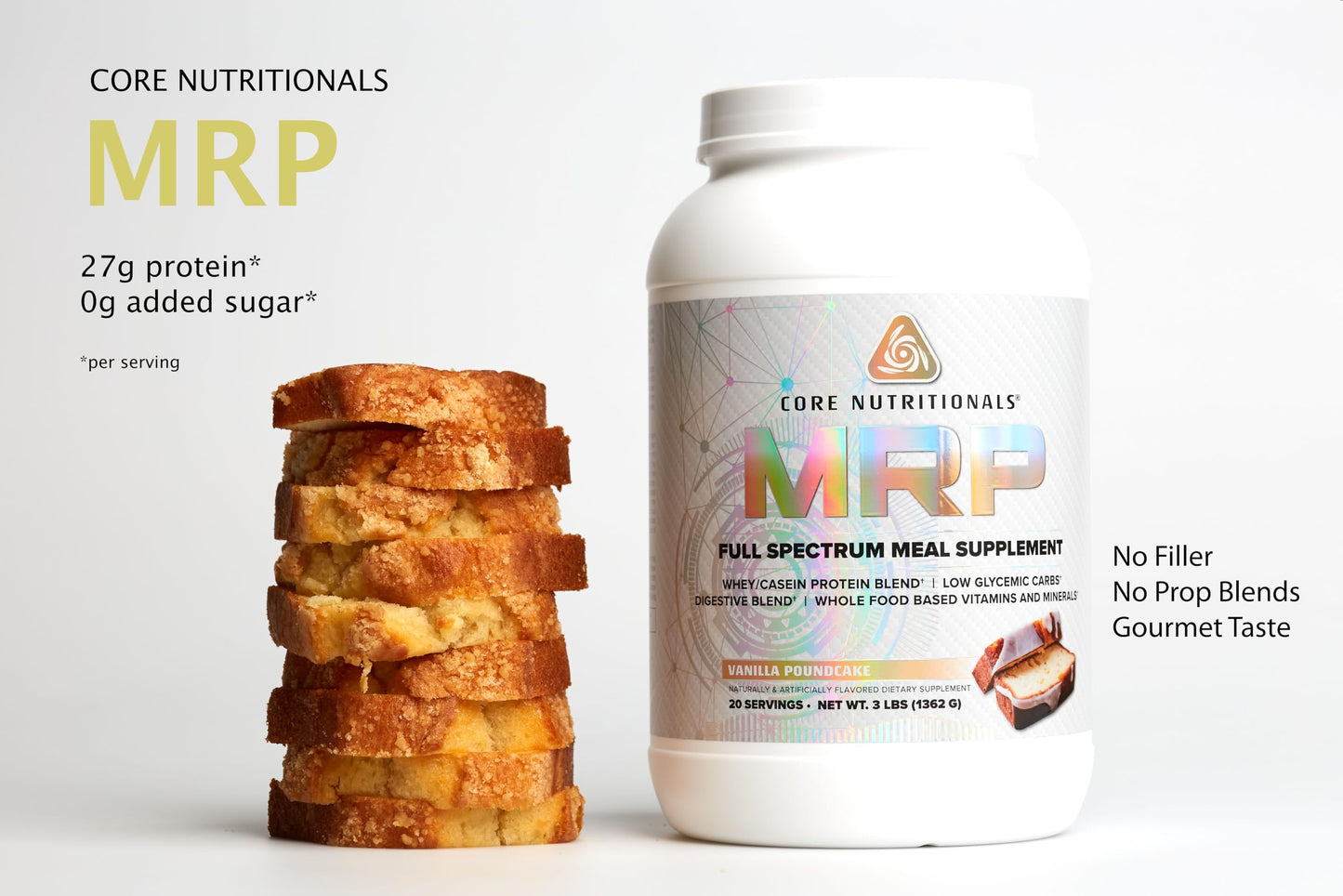 Core Nutritionals MRP Full Spectrum Meal Replacement Whey Protein Blend + Low Glycemic Carb Blend 27g Protein Powder Vanilla Poundcake 3 Pound 48 Servings