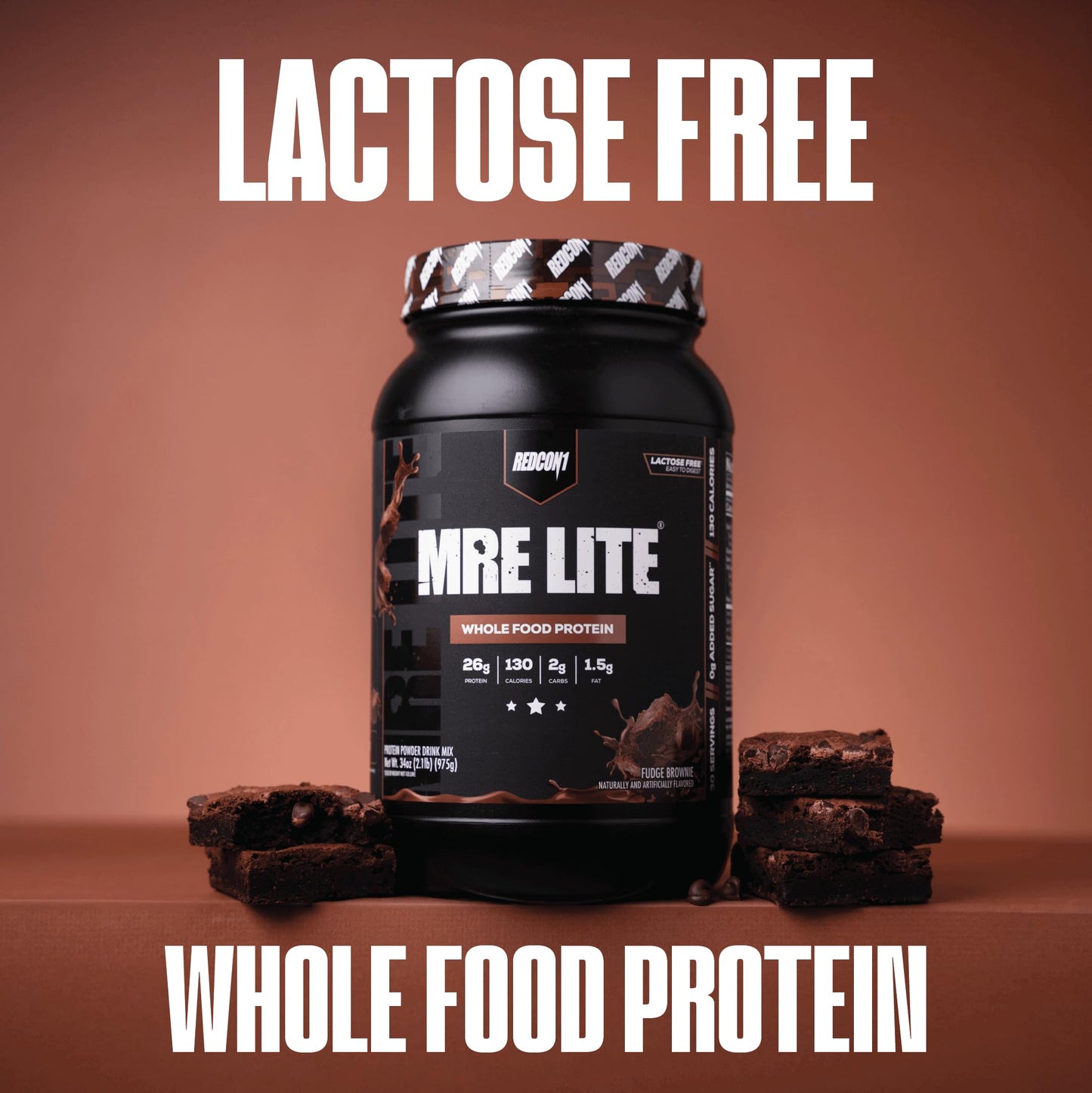 REDCON1 MRE LITE Whole Food Protein Powder, Fudge Brownie - Lactose Free & Sugar Free Meal Replacement with Animal Protein Blends - Easy to Digest Formula - 2g Carb per Serving, 34.4 oz