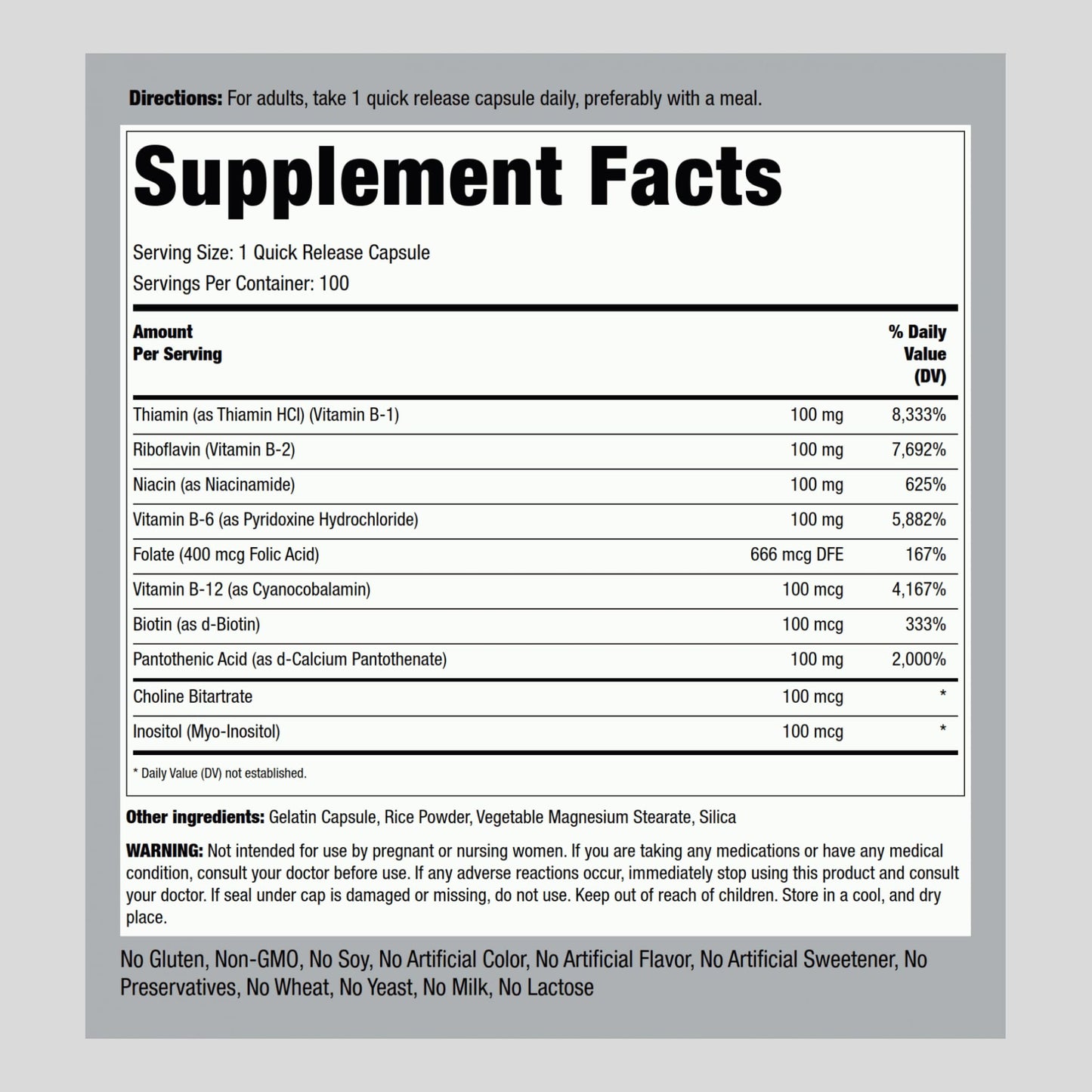 Piping Rock Vitamin B100 Complex Capsules, 100 Count