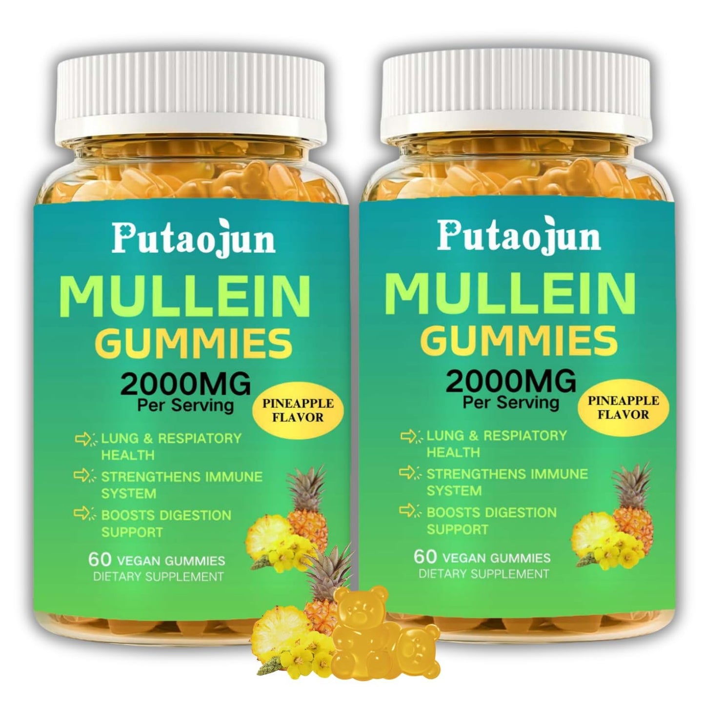 Putaojun Mullein Gummies, Sugar Free with Organic Mullein Leaf Extract, Bromelain, and Quercetin, 120 Count