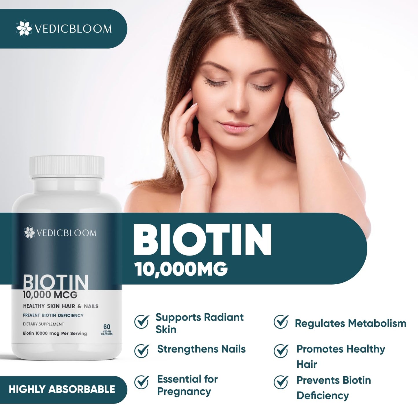 VEDICBLOOM Biotin Capsules 10,000 mcg, 60 Capsules