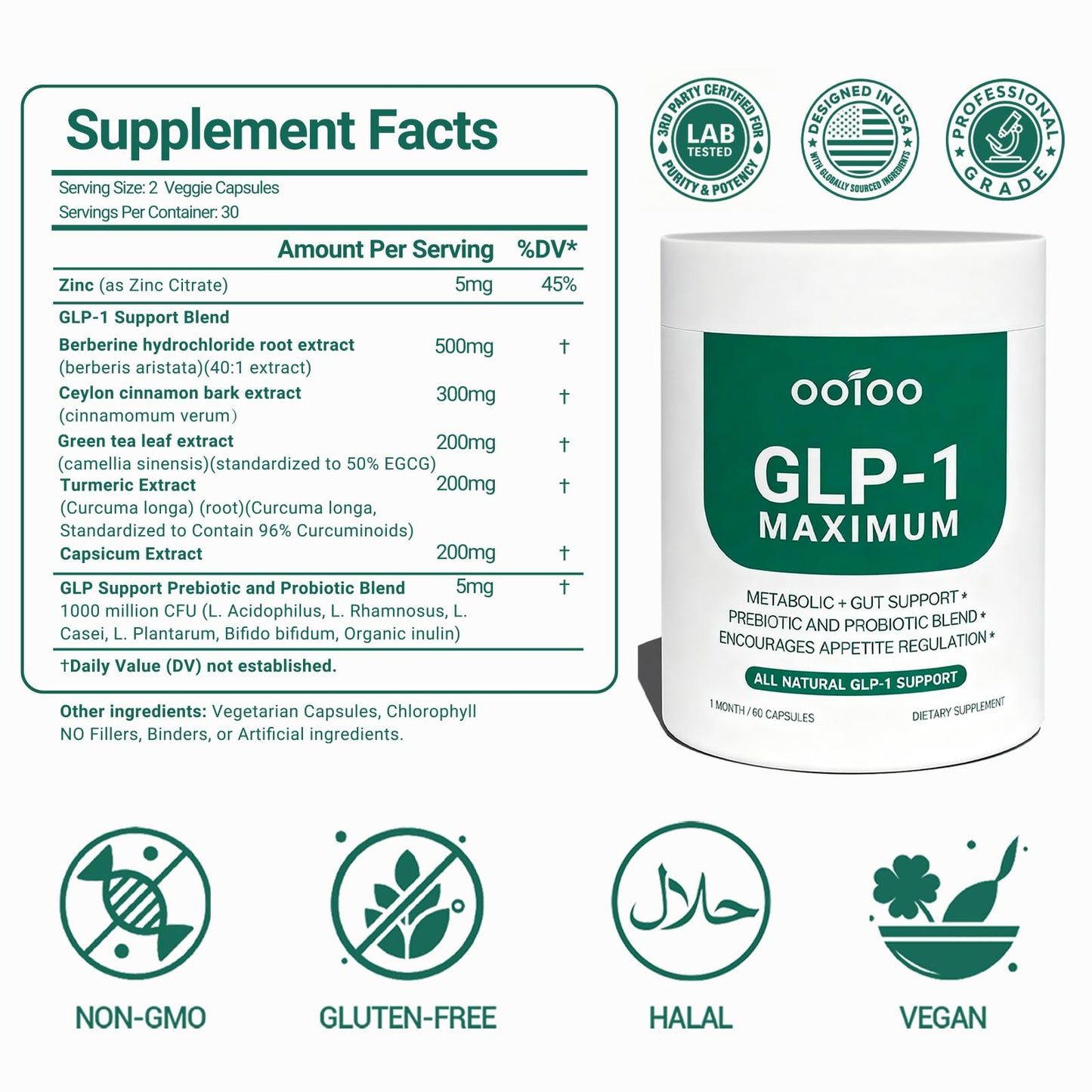 ooioo GLP-1 Weight Loss Supplement with Berberine, Ceylon Cinnamon & Probiotic Blend for Appetite, GLP-1 Activate, Metabolism & Gut, Vegan, Non-GMO, Halal Capsules 60