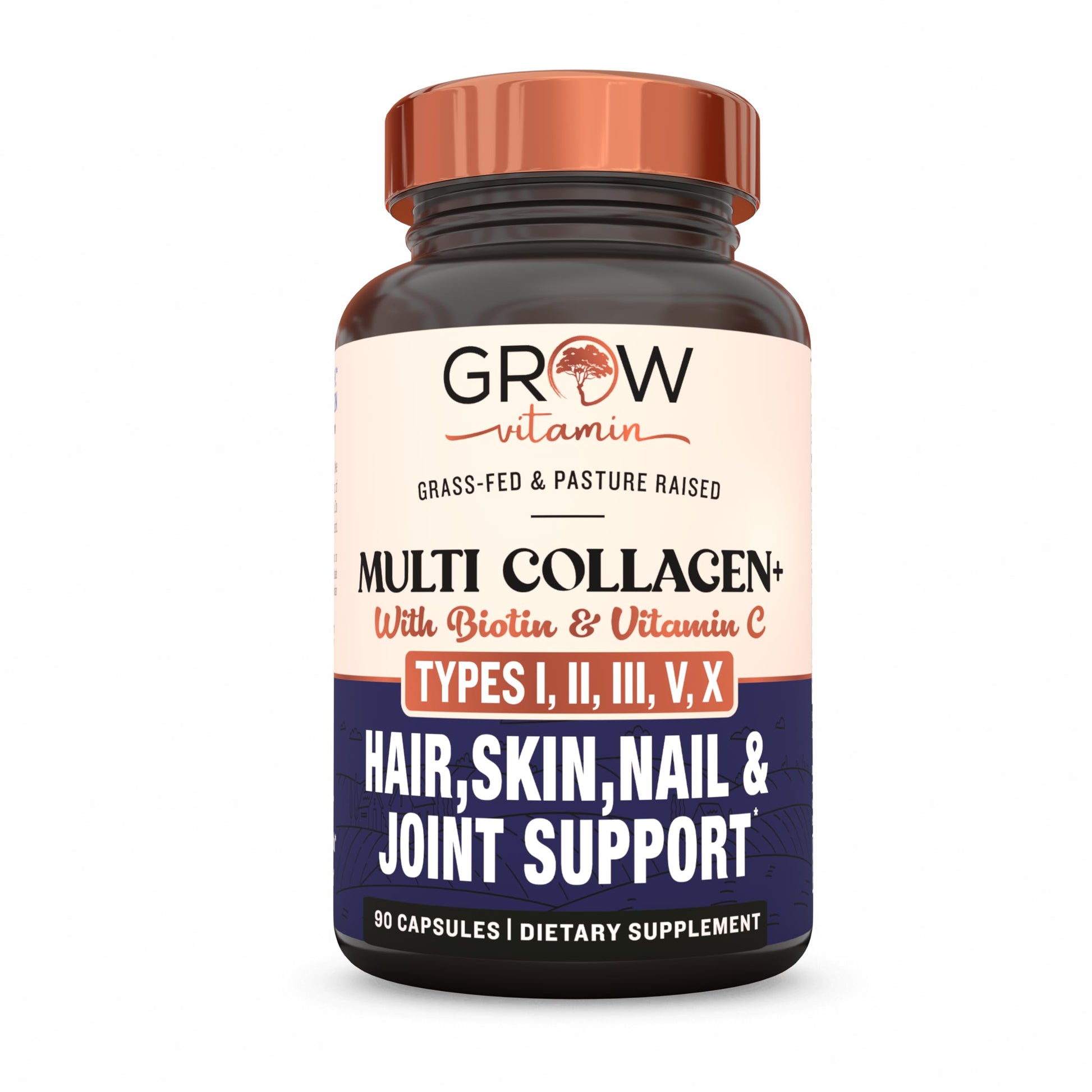 Grow Vitamin Multi Collagen Capsules 1800MG - Types I, II, III, V & X - Non-GMO Grass-Fed Collagen - Hair, Skin & Nails Support - 90 Capsules