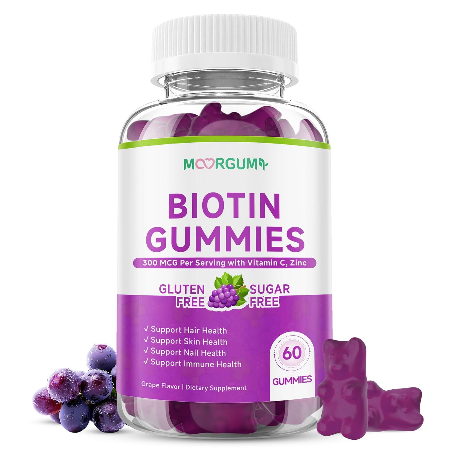 MOORGUMY Biotin Hair, Skin & Nails Gummies Sugar Free Grape Flavor, 60 Count
