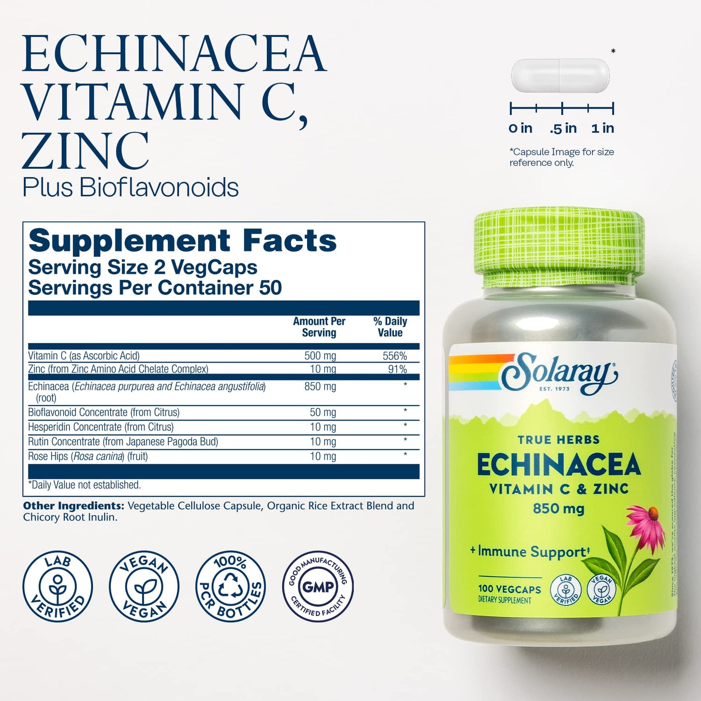 Solaray Echinacea Vitamin C and Zinc Wellness Formula Capsules 100 VegCaps