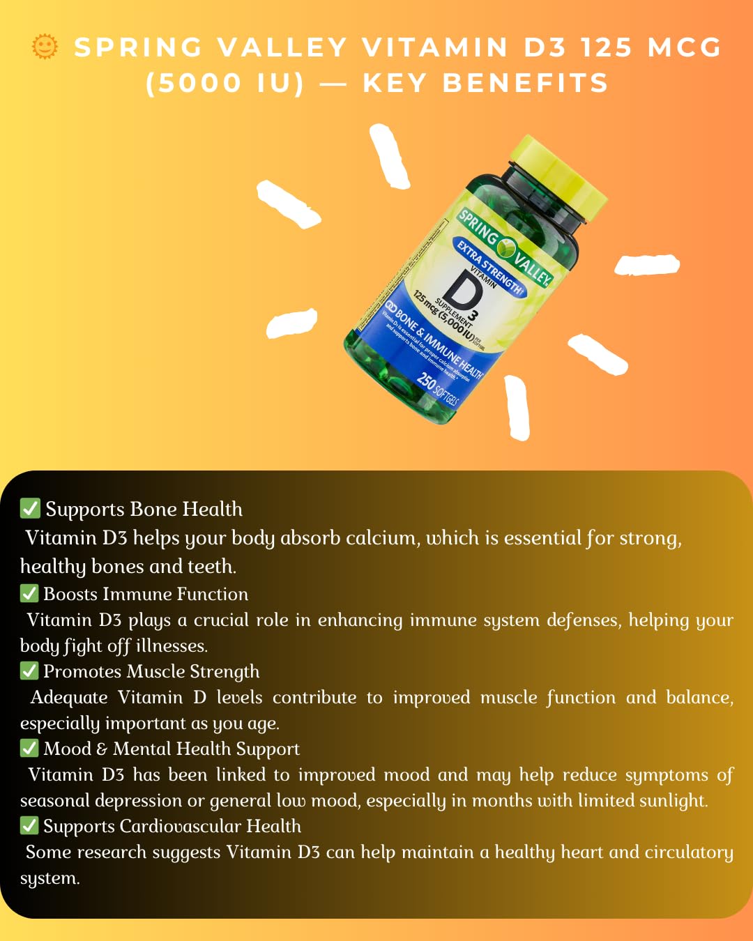 Generic Vitamin D3 Softgels 125mcg (5000 IU), 250 Count