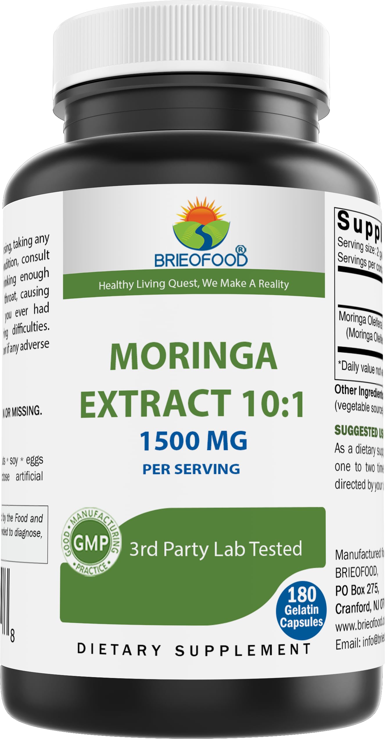 Brieofood Moringa Oleifera Extract 10:1 1500 mg Capsules, 180 Count