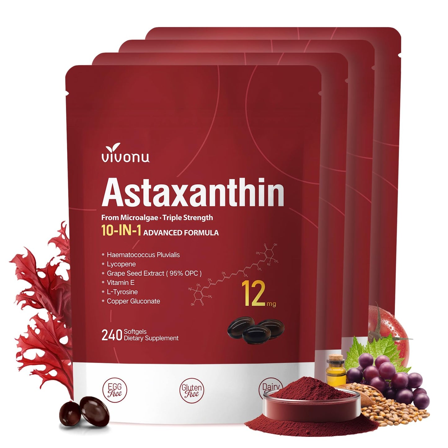 VivoNu Astaxanthin 12mg Softgels, 240 Count