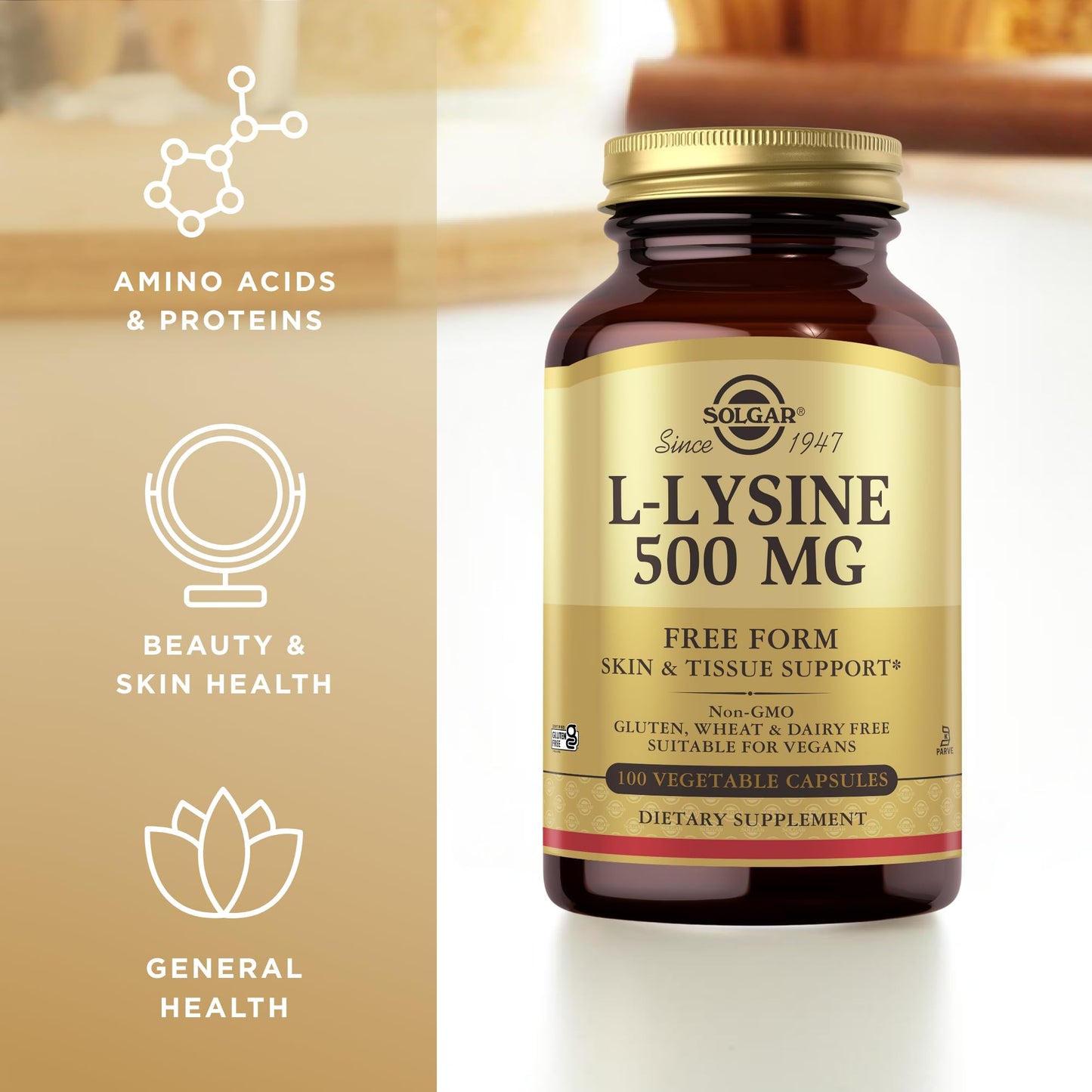 Solgar L-Lysine 500 mg Vegetable Capsules, 100 Count
