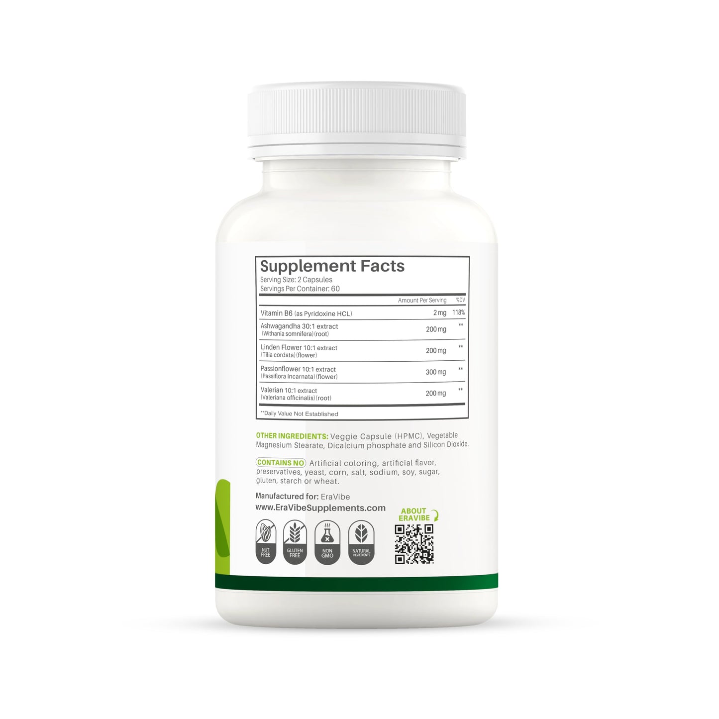ERAVIBE Chill Vibe Herbal Blend with Ashwagandha, Valerian, Passionflower, Linden Flower & Vitamin B6 Veggie Capsules 120