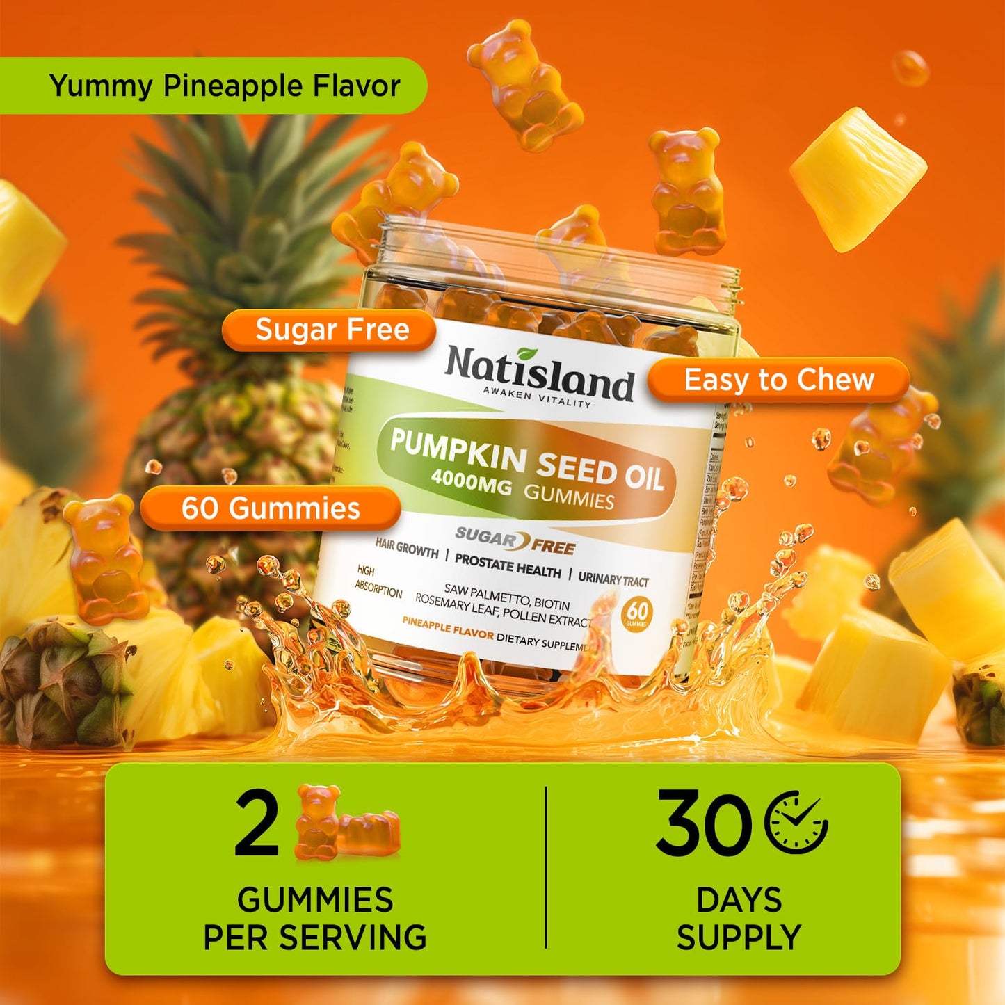 NATISLAND Pumpkin Seed Oil Gummies with Saw Palmetto, Cold-Pressed Pumpkin Seed Oil Supplement for Hair Growth, Prostate Health & Urinary Tract Support, Sugar Free, Vegan Pineapple Flavor, 60 Count