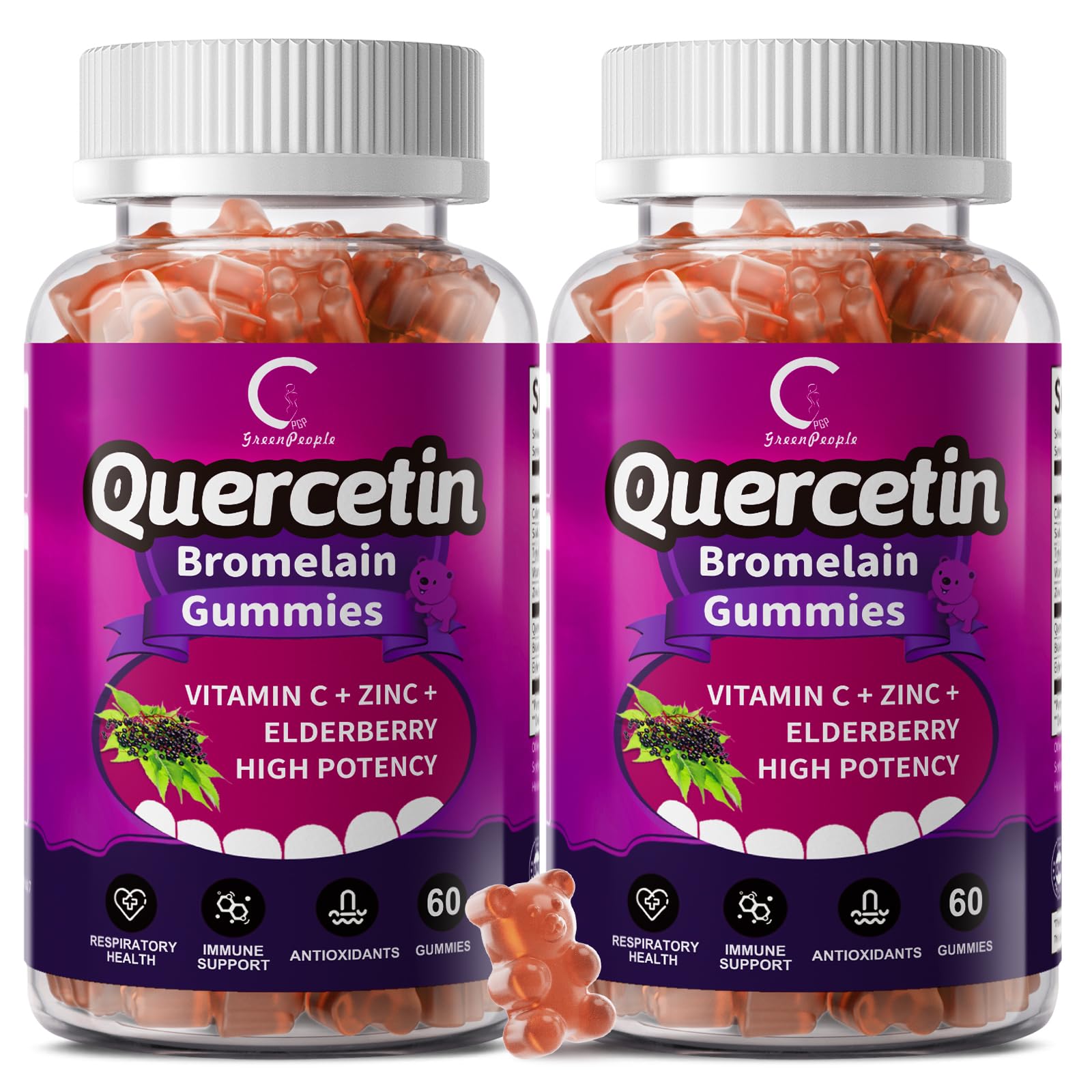 GPGP GreenPeople Quercetin with Bromelain, Vitamin C, Zinc & Elderberry Gummies, 120 Count