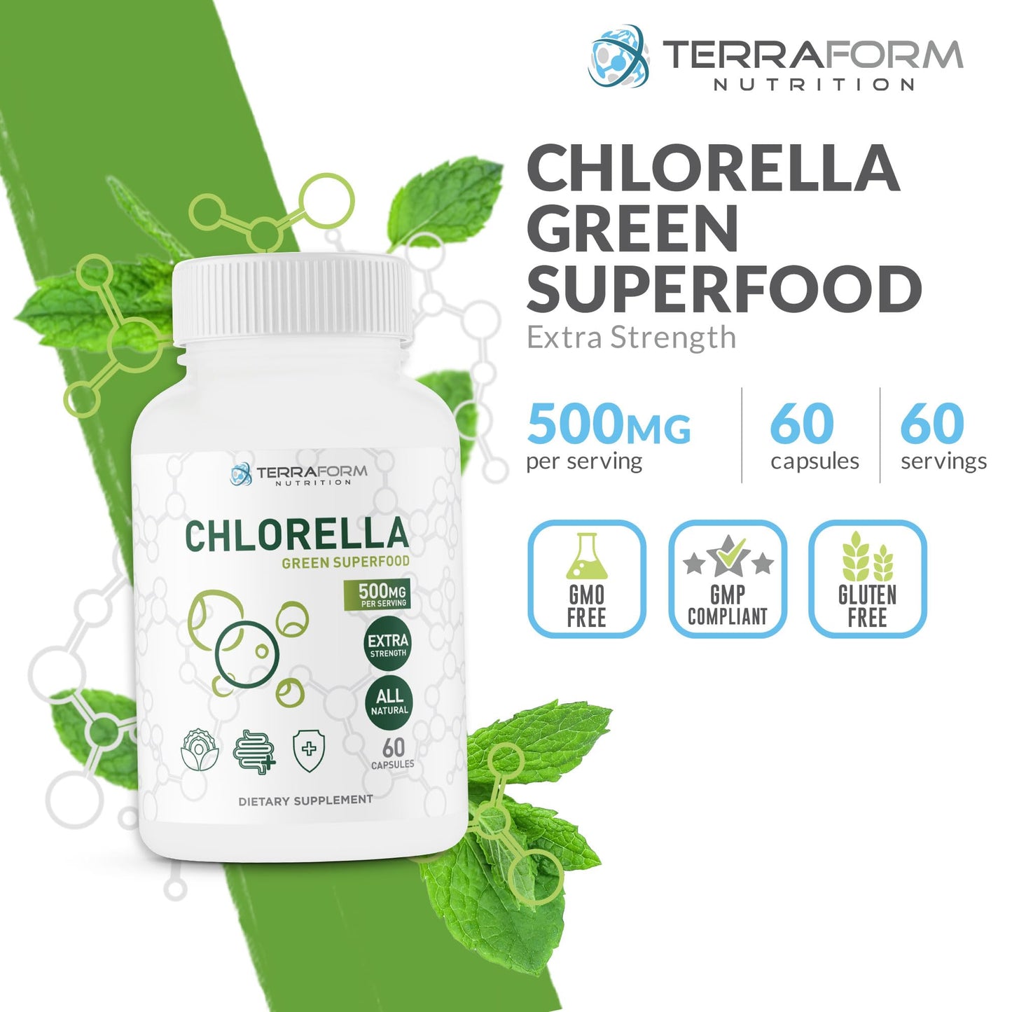 TerraForm Nutrition Pure Chlorella Supplement Capsules, 60 Count