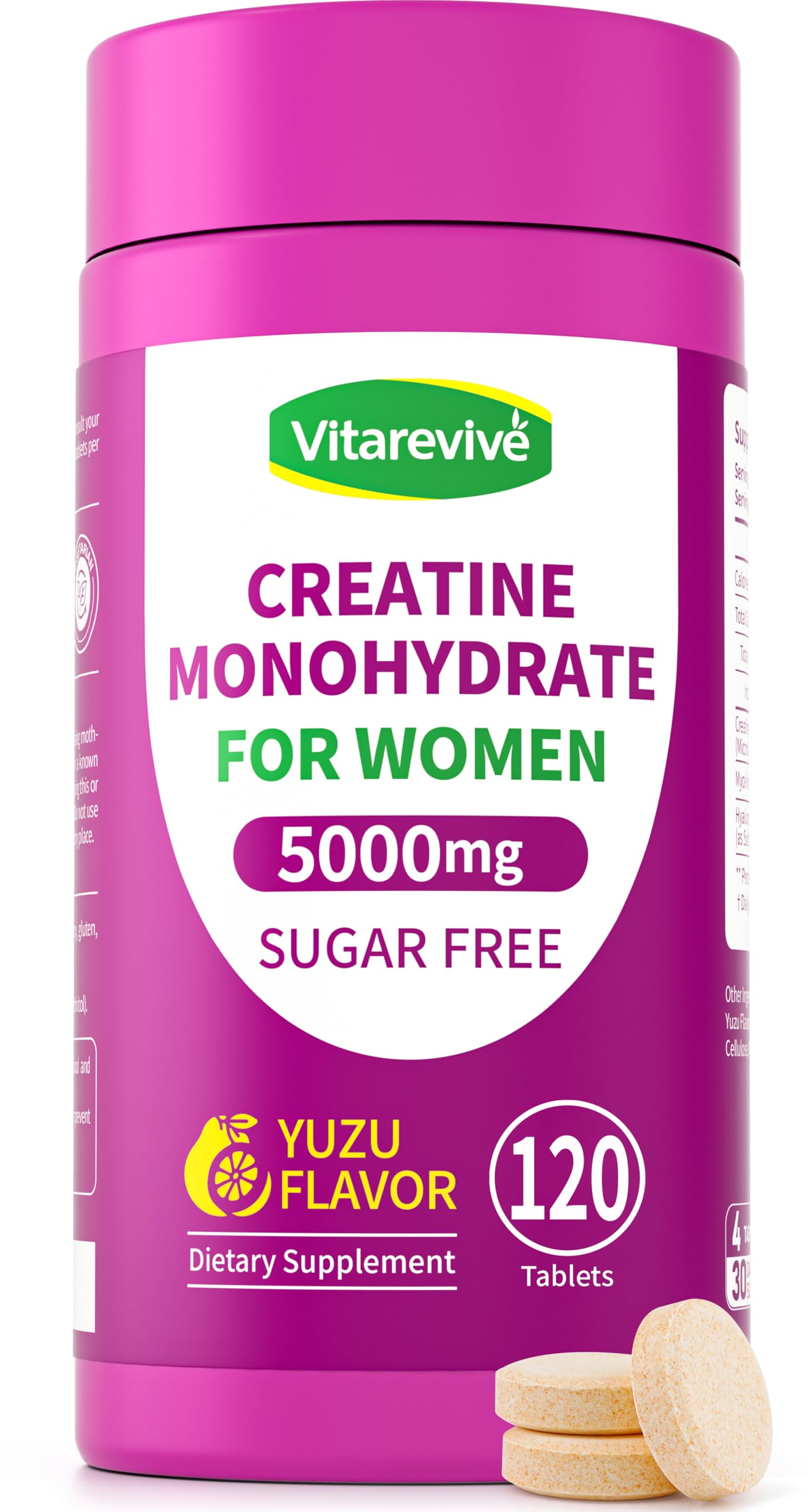 Vitarevive Creatine Monohydrate for Women Chewable Tablets – Micronized & Instantized Creatine Chews, Yuzu Flavor, Clean Creatine Supplement for Women, 120 Tablets