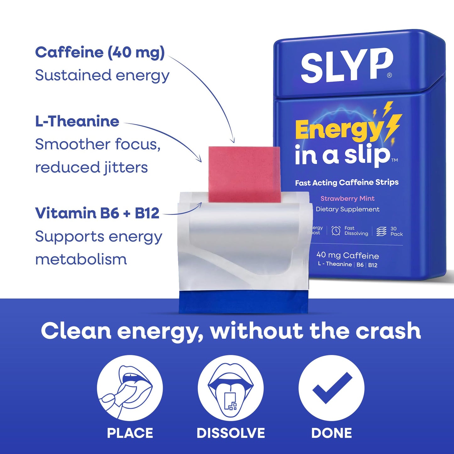 Slyp Caffeine Strips Energy Supplements Chewable – Strawberry Mint, 40mg Caffeine, L-Theanine, Vitamin B6 & B12, 30 Count