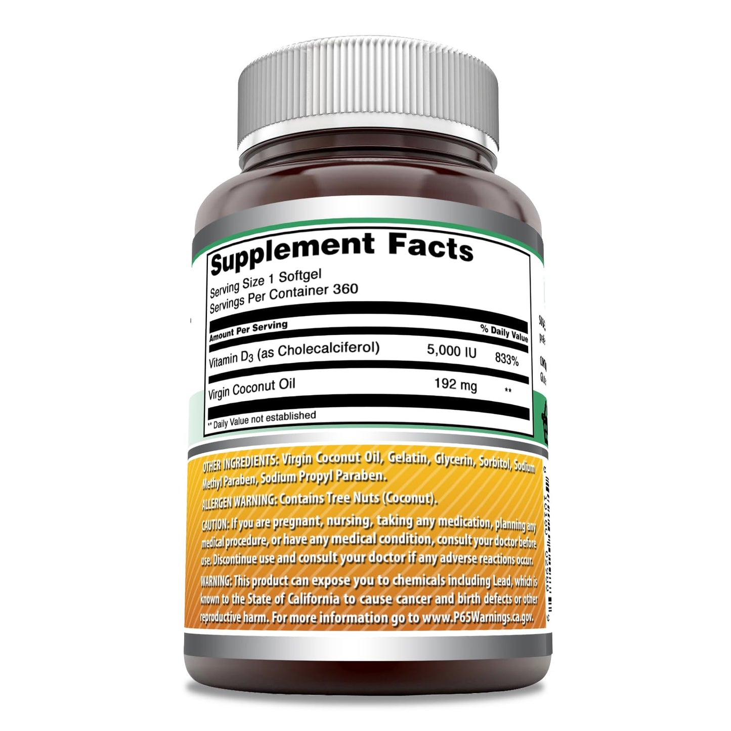 Amazing Nutrition Vitamin D3 in Coconut Oil 5000 IU Supplement Softgels, 360 Count