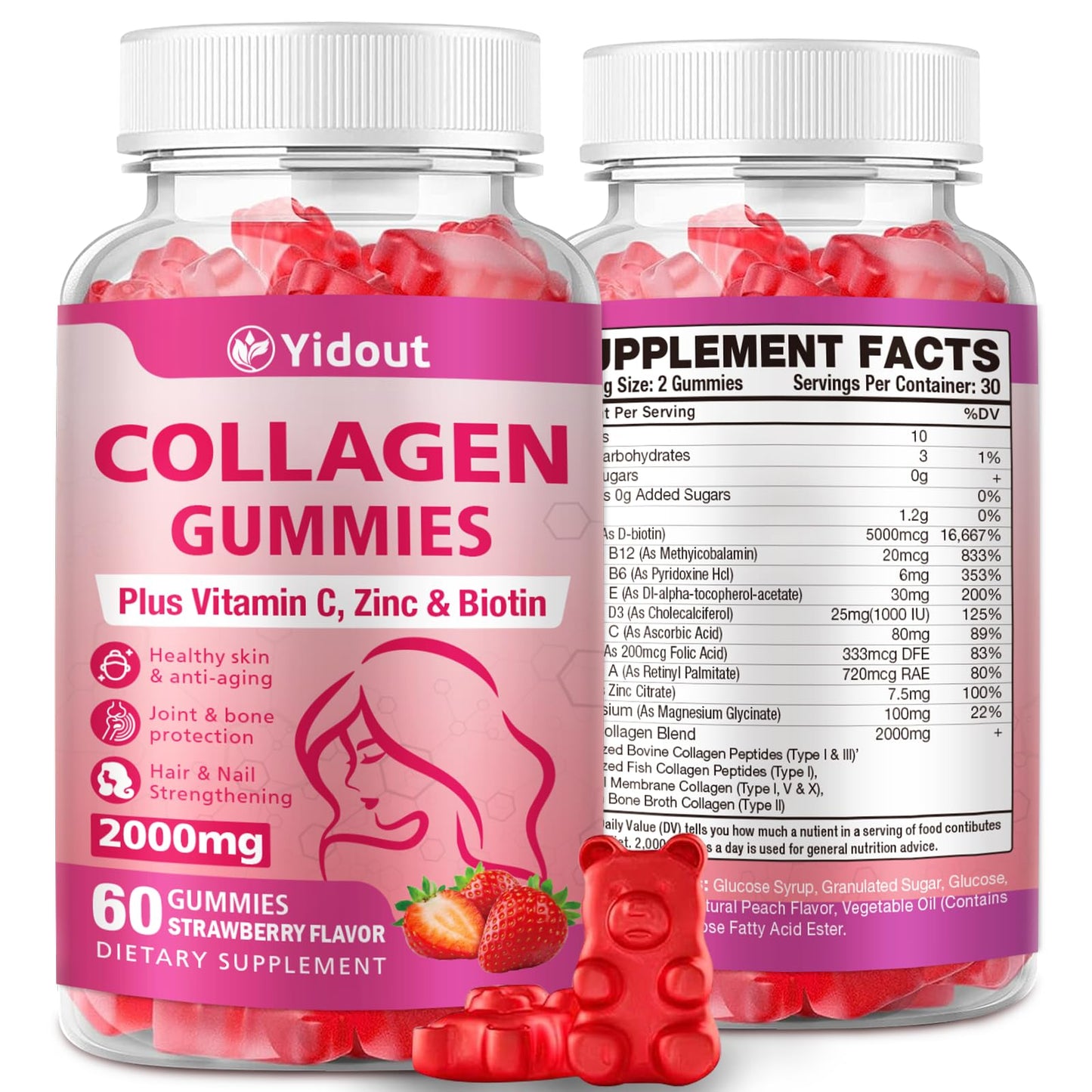 Yidout Collagen Peptides Gummies 2000mg, Hair Skin Nails Support, Strawberry, 60 Count