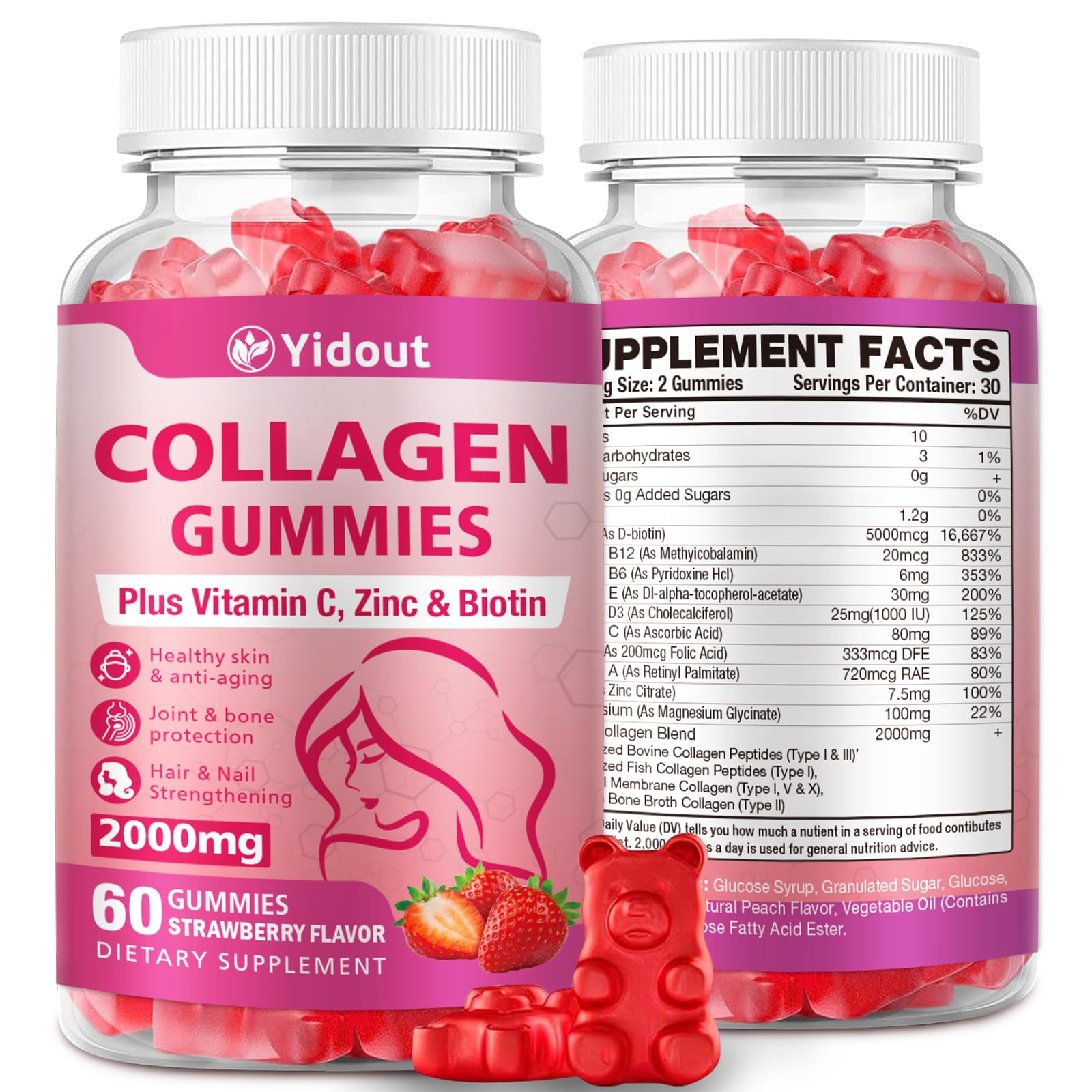 Yidout Collagen Peptides Gummies 2000mg, Hair Skin Nails Support, Strawberry, 60 Count
