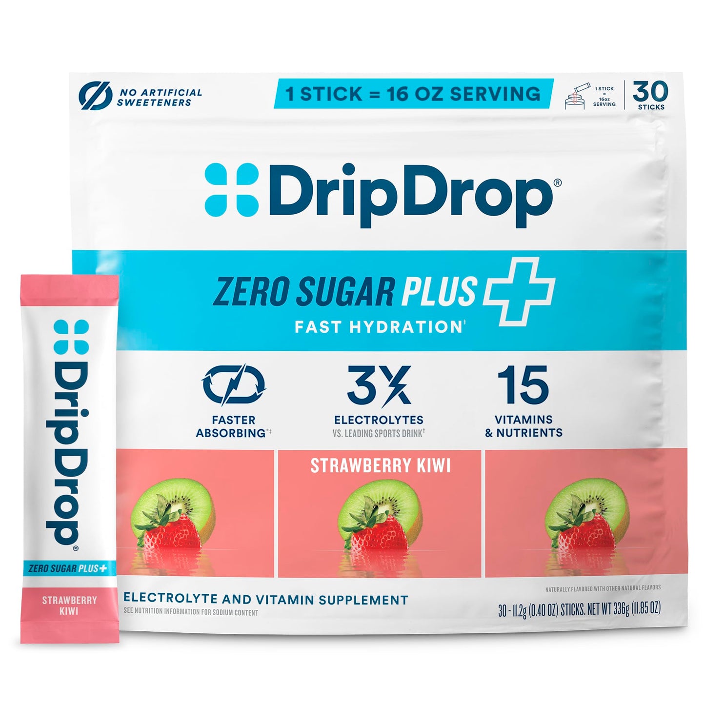 DripDrop Hydration Zero Sugar Plus Electrolytes Strawberry Kiwi Powder, 30 Count