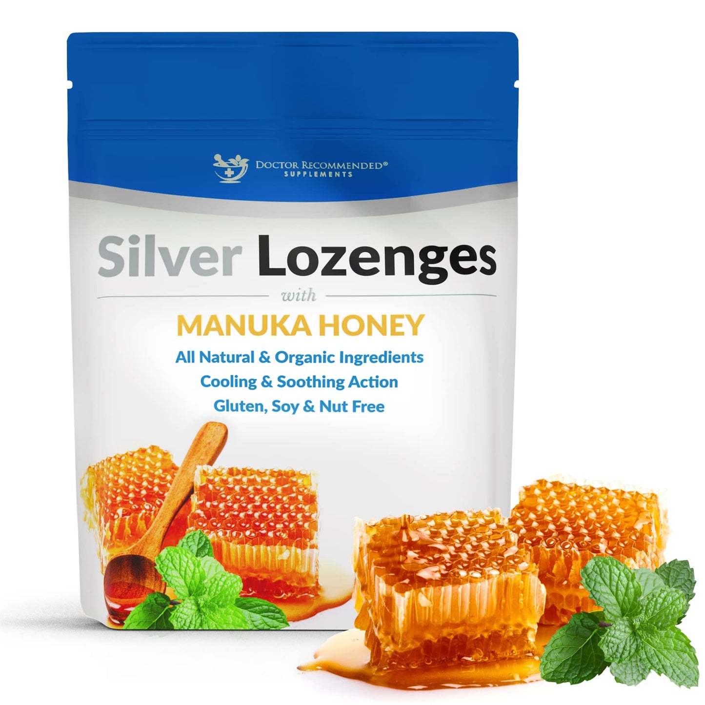 DOCTOR RECOMMENDED SUPPLEMENTS Silver Lozenges with Organic Manuka Honey and Vitamin C, All-Natural Nano Silver Colloidal Silver Mineral Drops 45-50 mcg, 60 PPM, 24 Lozenges