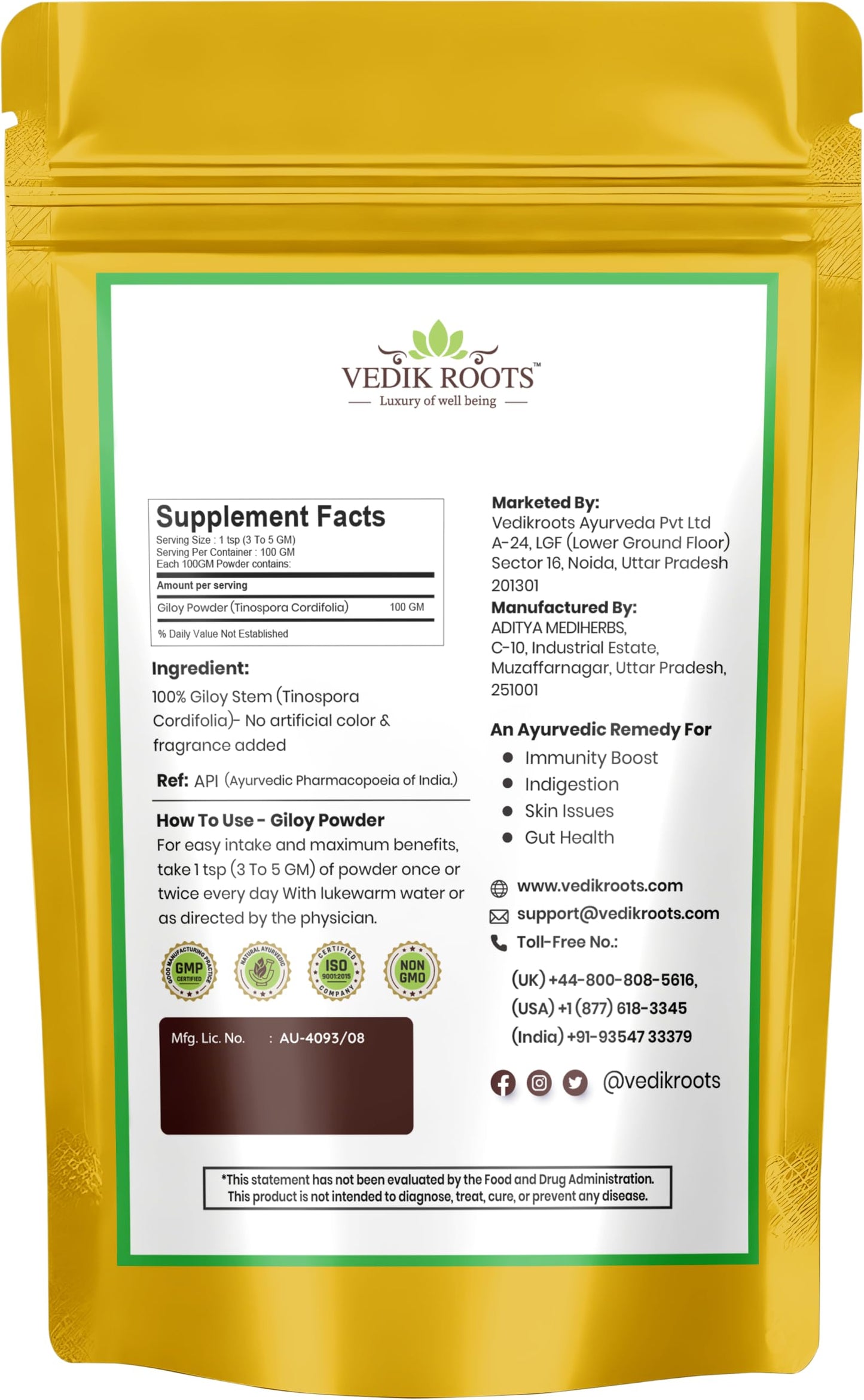 VEDIKROOTS Giloy Powder 3.52 Ounces