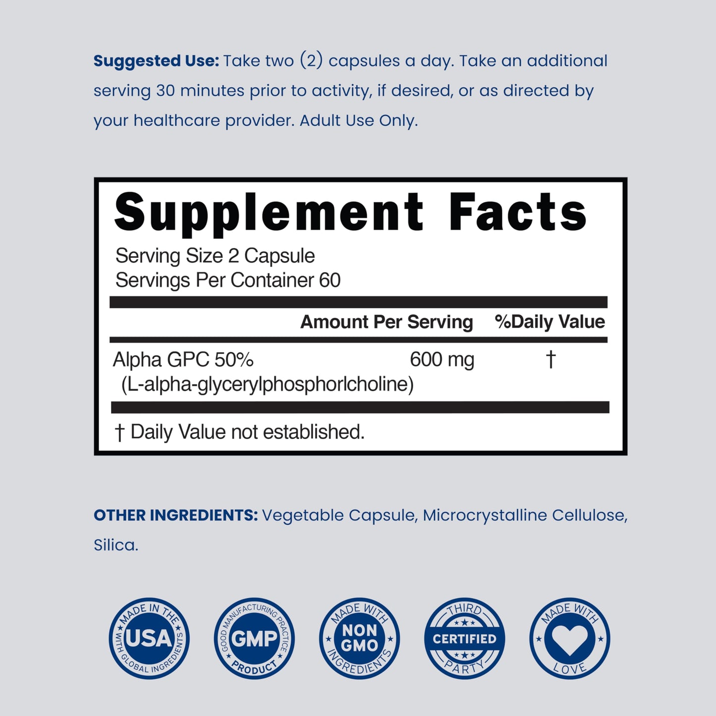 DORADO NUTRITION Alpha GPC Choline Capsules 600mg, 120 Capsules