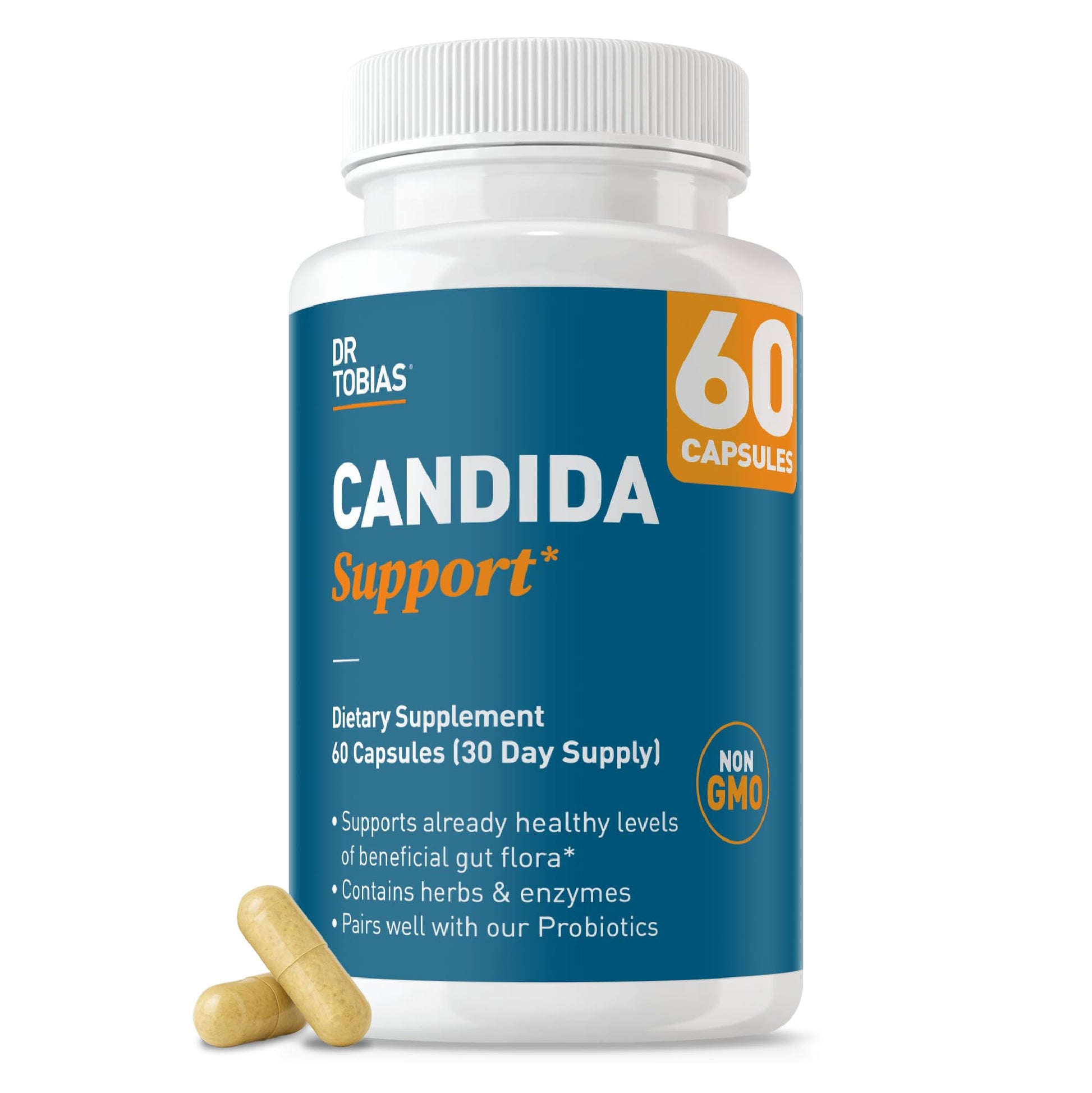 Dr. Tobias Candida Support Gut Flora Balance Complex with Oregano, Caprylic Acid, Enzymes & Probiotics for Intestinal Detox Cleanse & Gut Health, Capsules, 60 Count