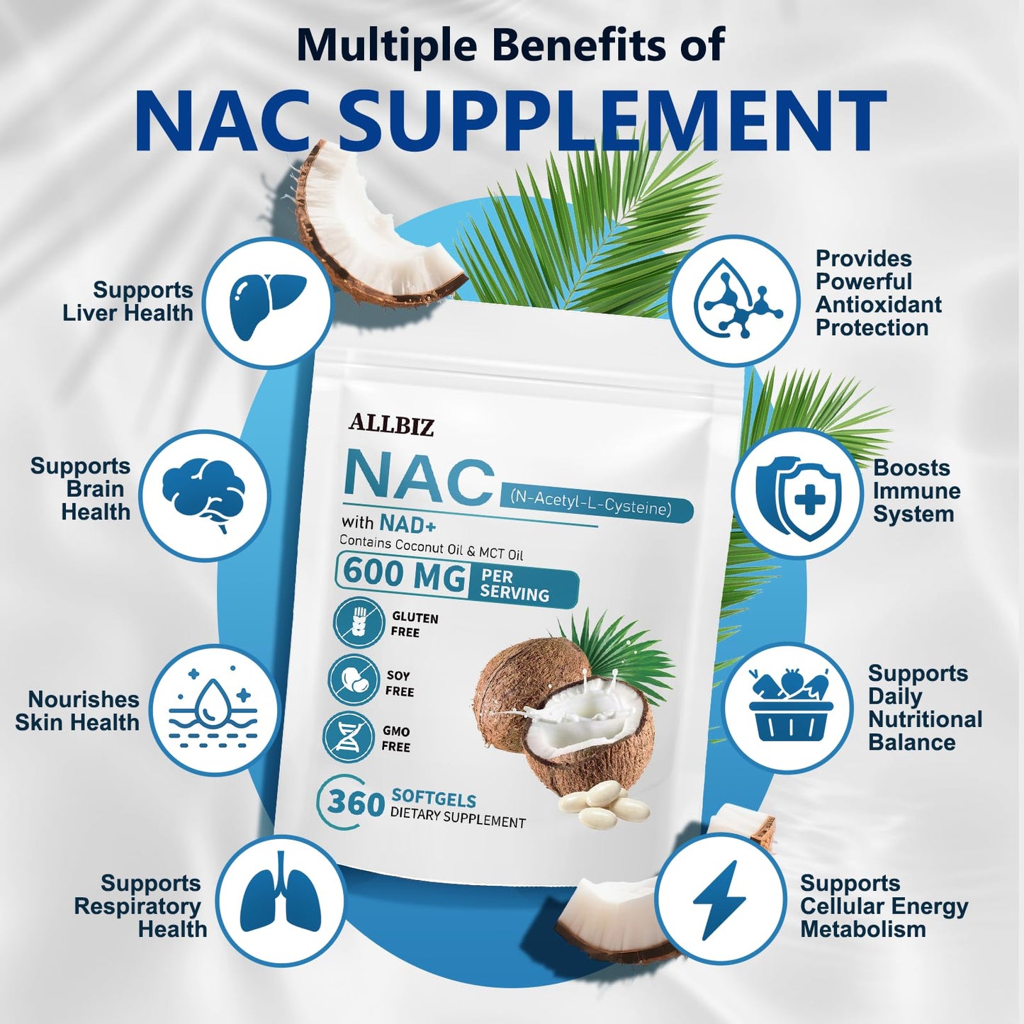 ALLBIZ NAC 600mg with NAD+ & MCT Oil Softgels, 360 Count