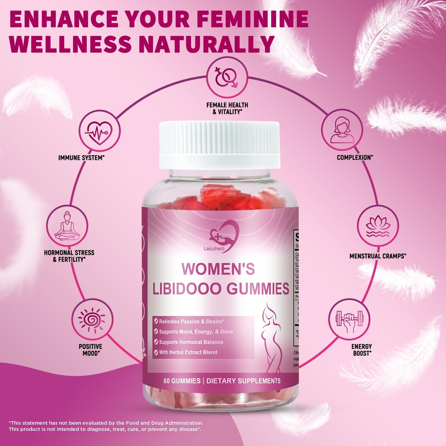 Laicuherb Libidoo Support for Women with Maca Root, Daily Wellness Formula for Confidence, Vitality & Emotional Balance, Intimacy Vitamins & Daily Sensual Wellness Gummy 60