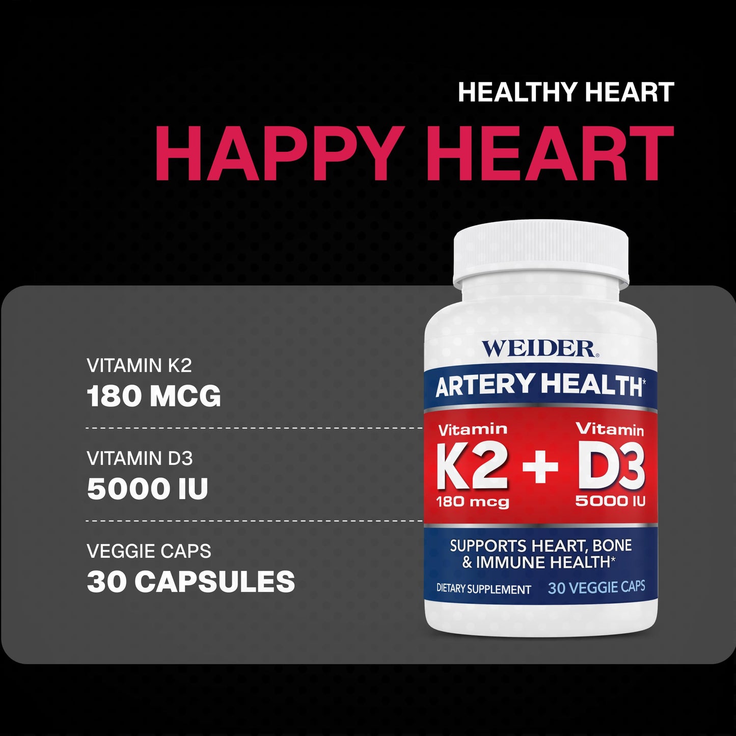 Weider Artery Health - Artery Flexibility & Heart Health - with Vitamin K2, D3 & Ginger - Bone & Immune Support* - Gluten Free & Vegan - 30 Veggie Capsules