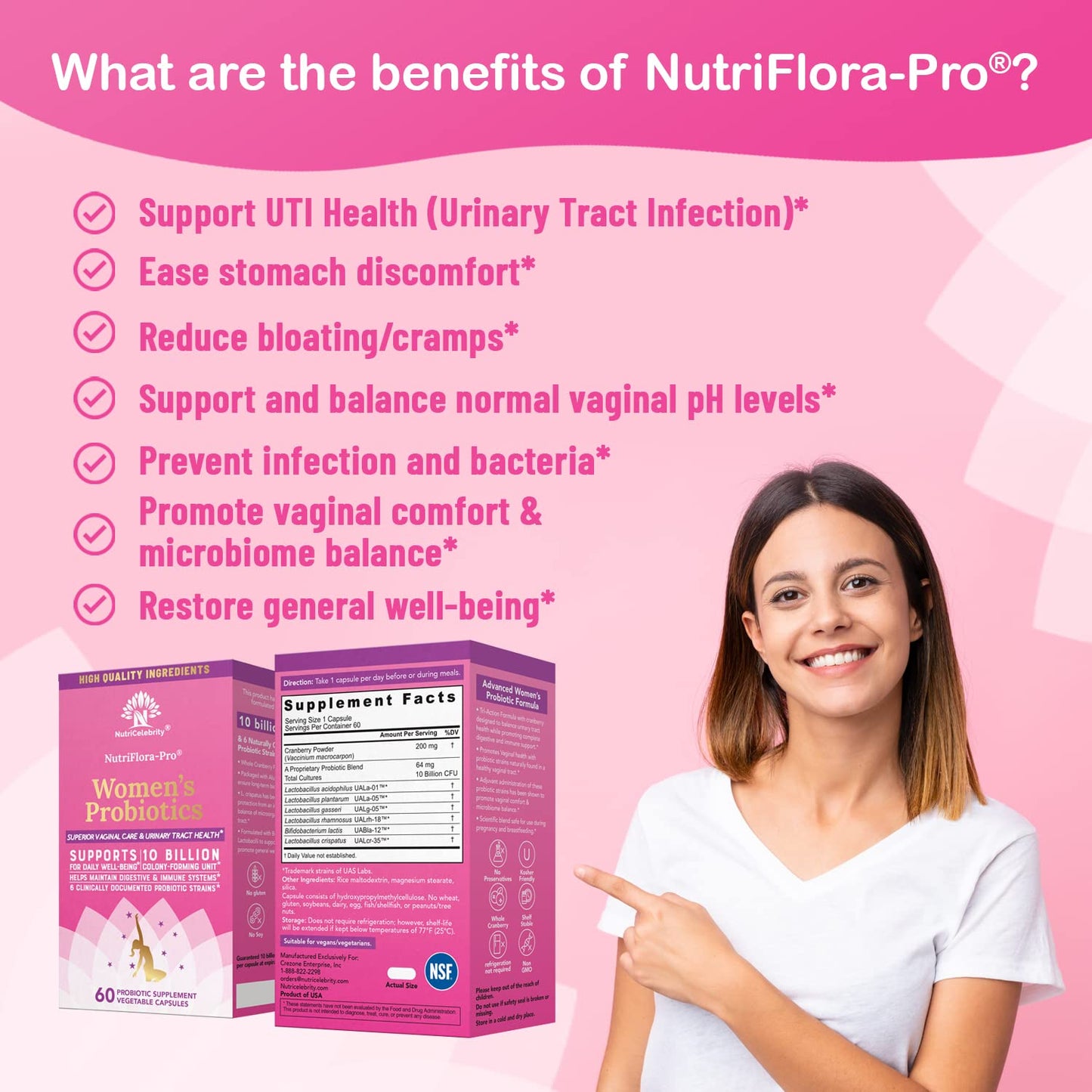 Nutricelebrity NutriFlora-Pro Probiotics for Women - 10 Billion CFU, 6 Strains, Supports Vaginal & Urinary Health (UTI), Digestive System, Period Pain, Yeast & BV Relief, Cranberry, 60 Capsules