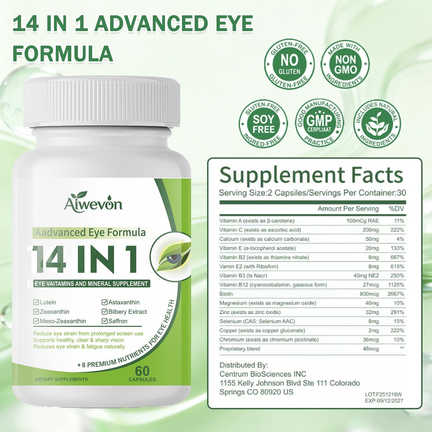Aiwevon 14 in 1 Eye Vitamins Supplement for Vision & Eye Health – Lutein and Zeaxanthin Macular Support Formula for Clear Vision – Eye Supplements for Adults & Seniors, 120 Capsules