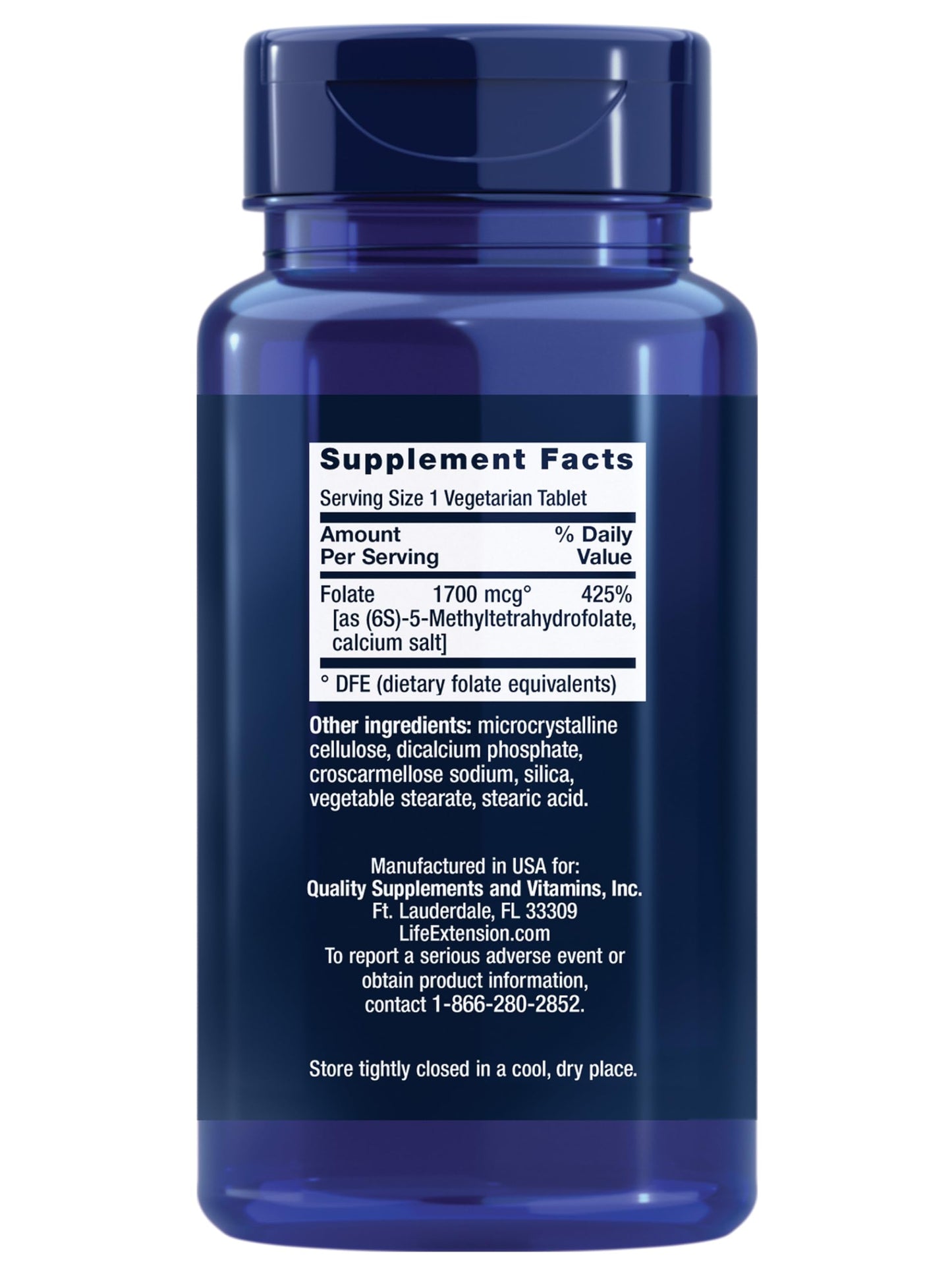 Life Extension Optimized Folate L-methylfolate Heart & Brain Support, Healthy Homocysteine Levels – 1700 mcg DFE, 100 Tablets