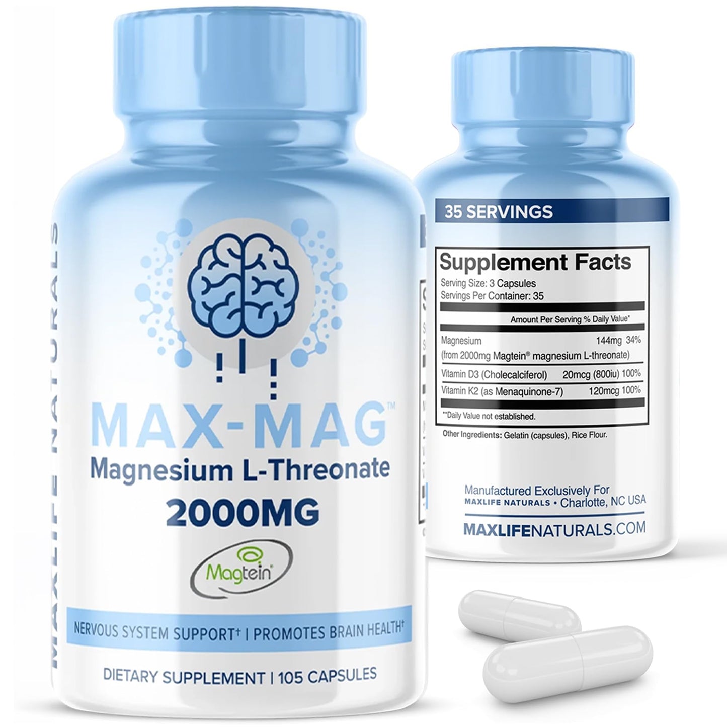 MaxLife Naturals Max-Mag Magnesium L-Threonate 2000mg Supplement Capsule 105