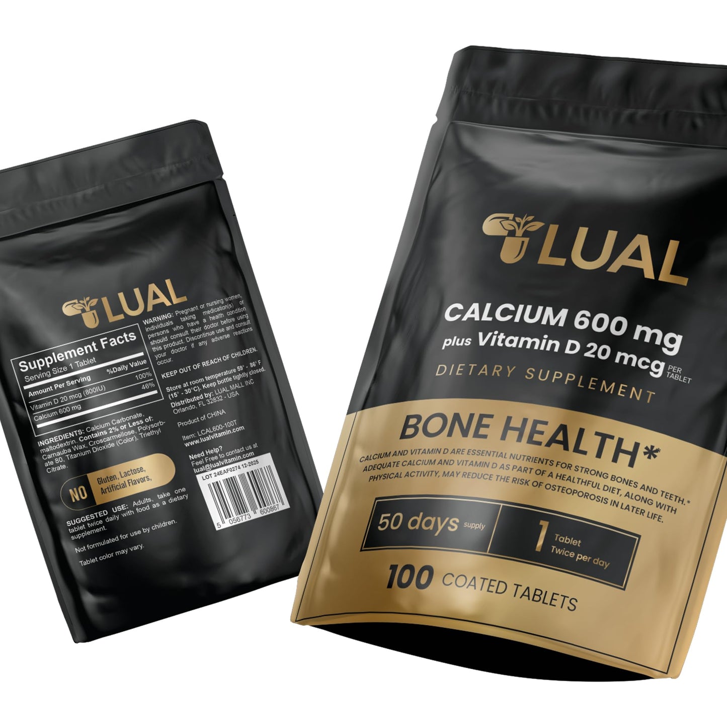 LUAL Calcium Bone Health Dietary Supplement Tablets, 600 mg, 100 Count