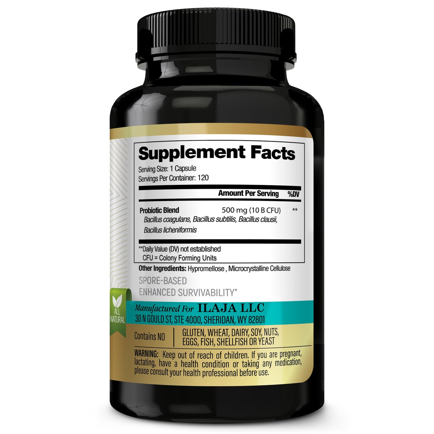 ILAJA Spore Supreme Spore Based Probiotic 120 Capsules, 10 Billion CFU, 4 Strain Formula, No Refrigeration Needed, Dairy Free