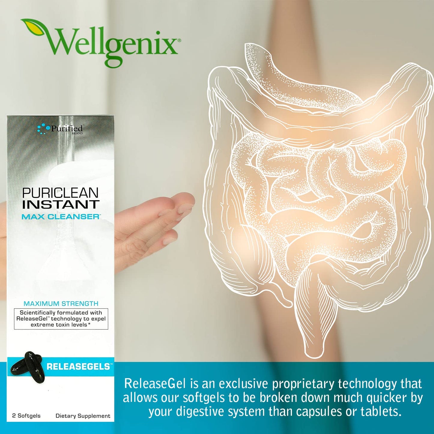 Wellgenix Puriclean Instant Max Cleanser Release Gel - Premium Body Detox Cleanse, Fast-Acting Maximum Strength Softgels, 2 Count