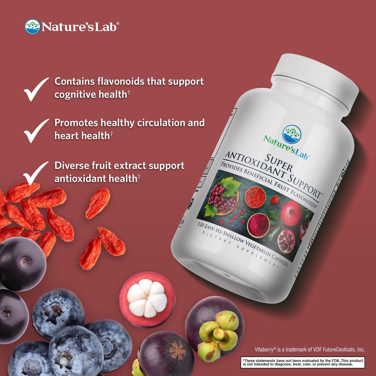 Nature's Lab Super Antioxidant Support - Resveratrol, Acai, Goji Berry, Noni Fruit, Pomegranate 120 Capsules