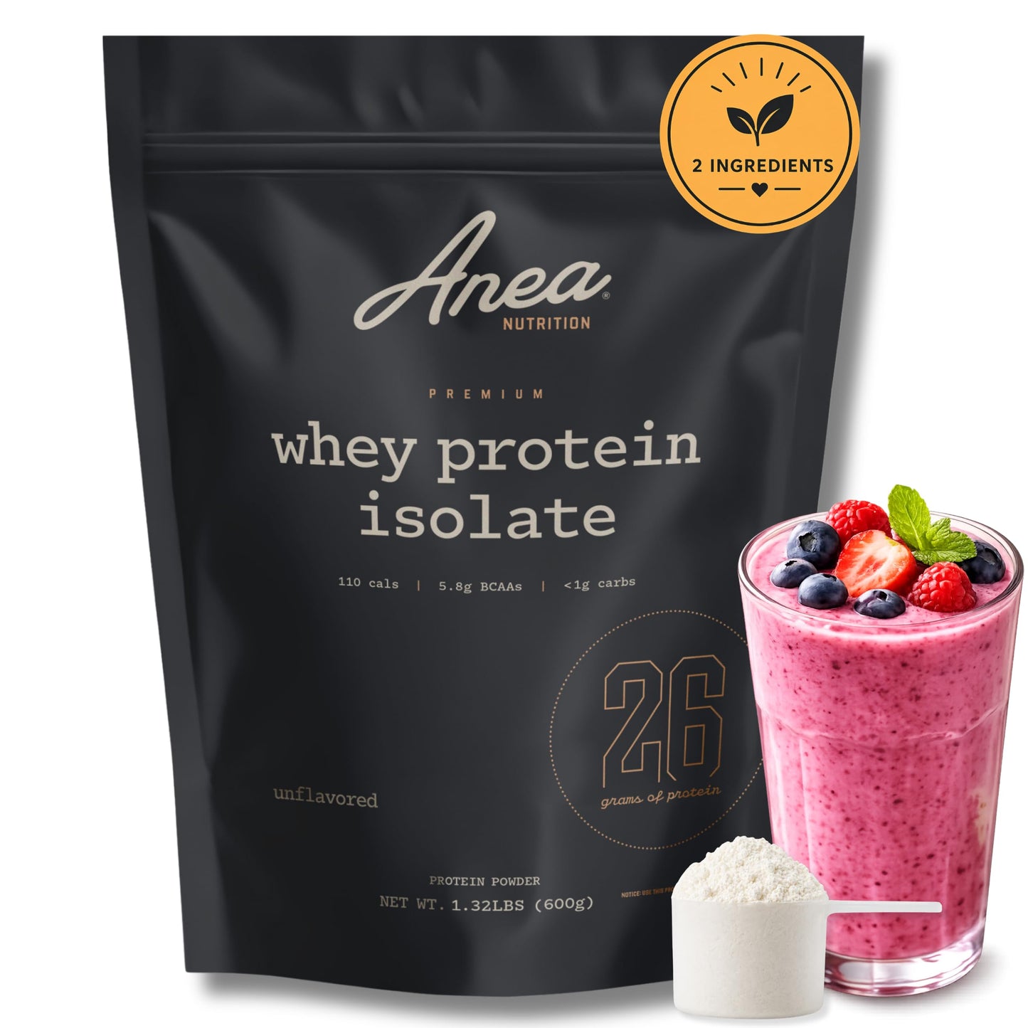 Anea Nutrition Whey Isolate Protein Powder, Unflavored, 20 Servings, 1.32 Pound